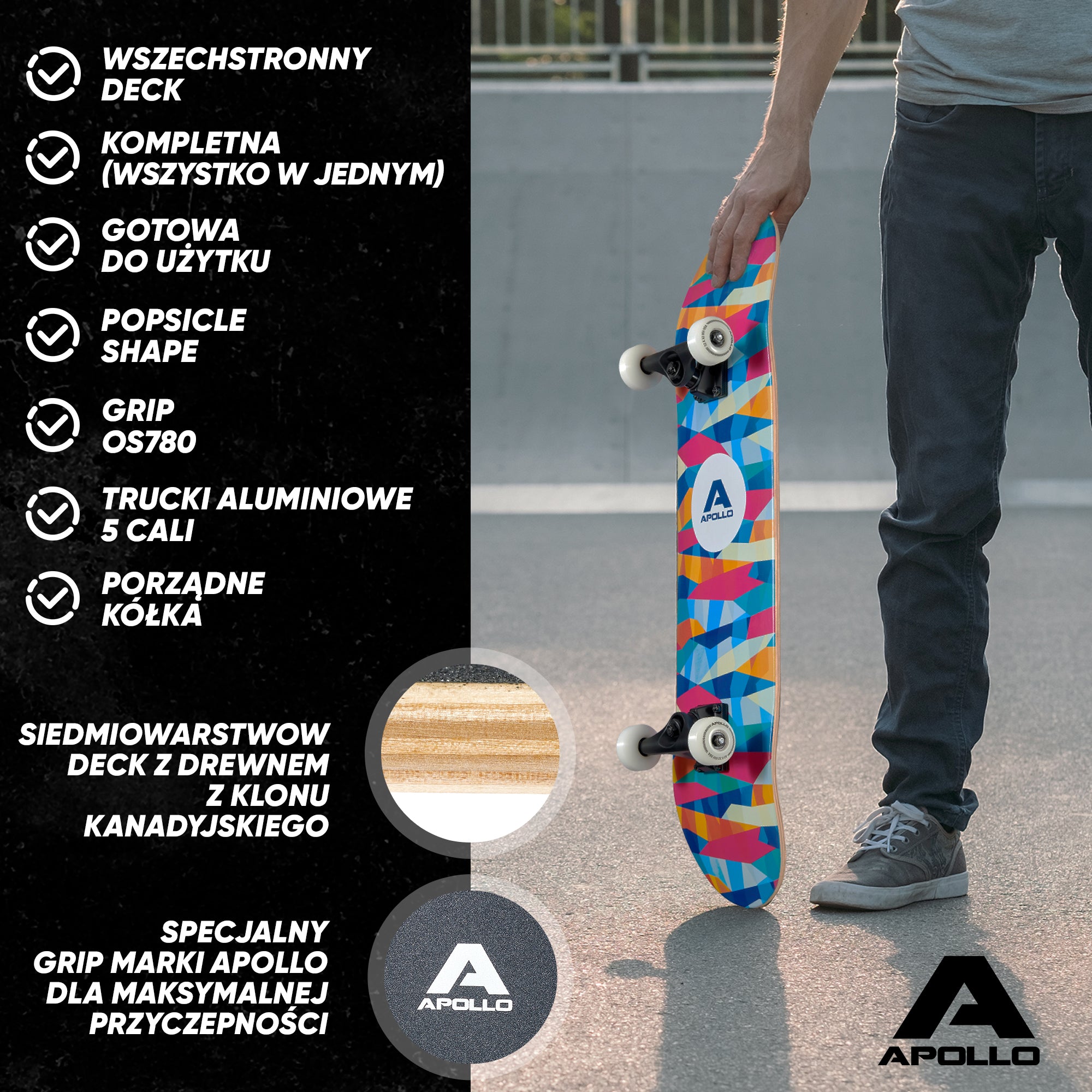 Apollo - Skateboard - "Mosaik" - 7-warstwowa drewniana deska kompletna z łożyskami ABEC 7 - Mosaik