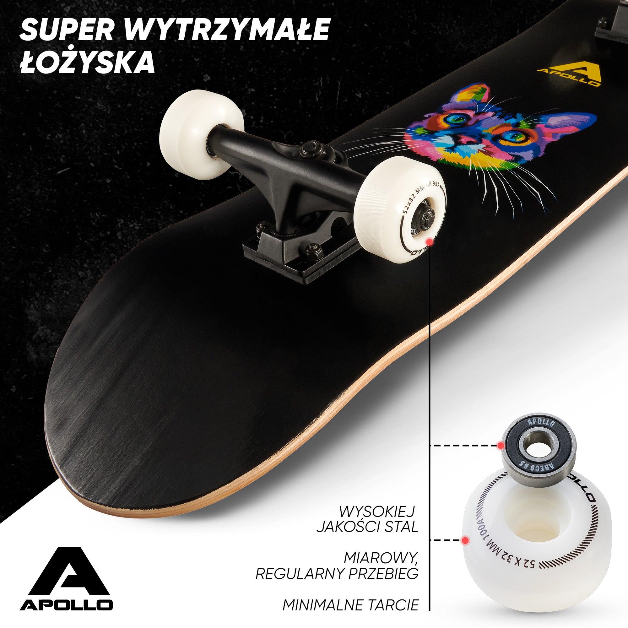 Apollo - Skateboard - "Cat" - 7-warstwowa drewniana deska kompletna z łożyskami ABEC 7 -