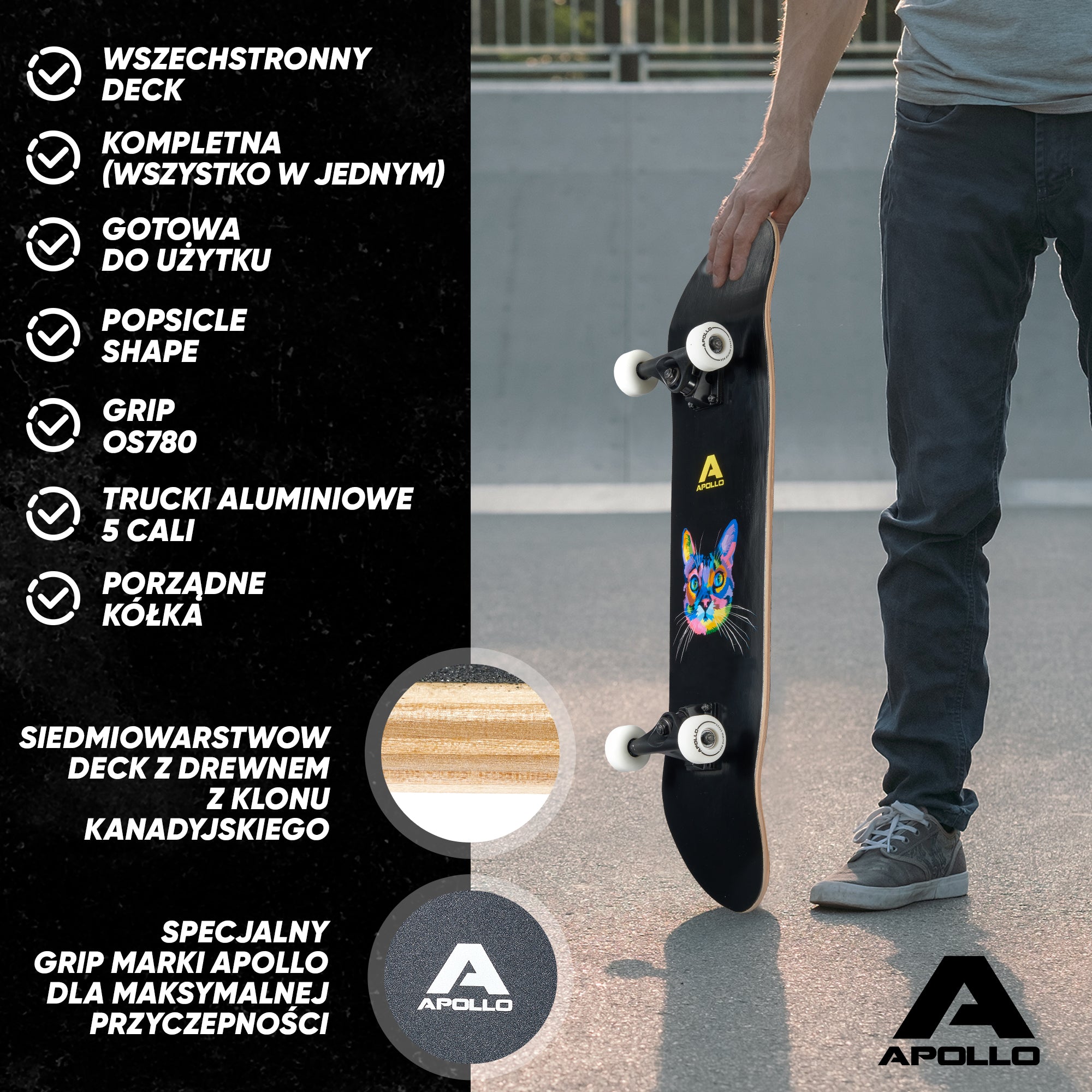 Apollo - Skateboard - "Cat" - 7-warstwowa drewniana deska kompletna z łożyskami ABEC 7 -