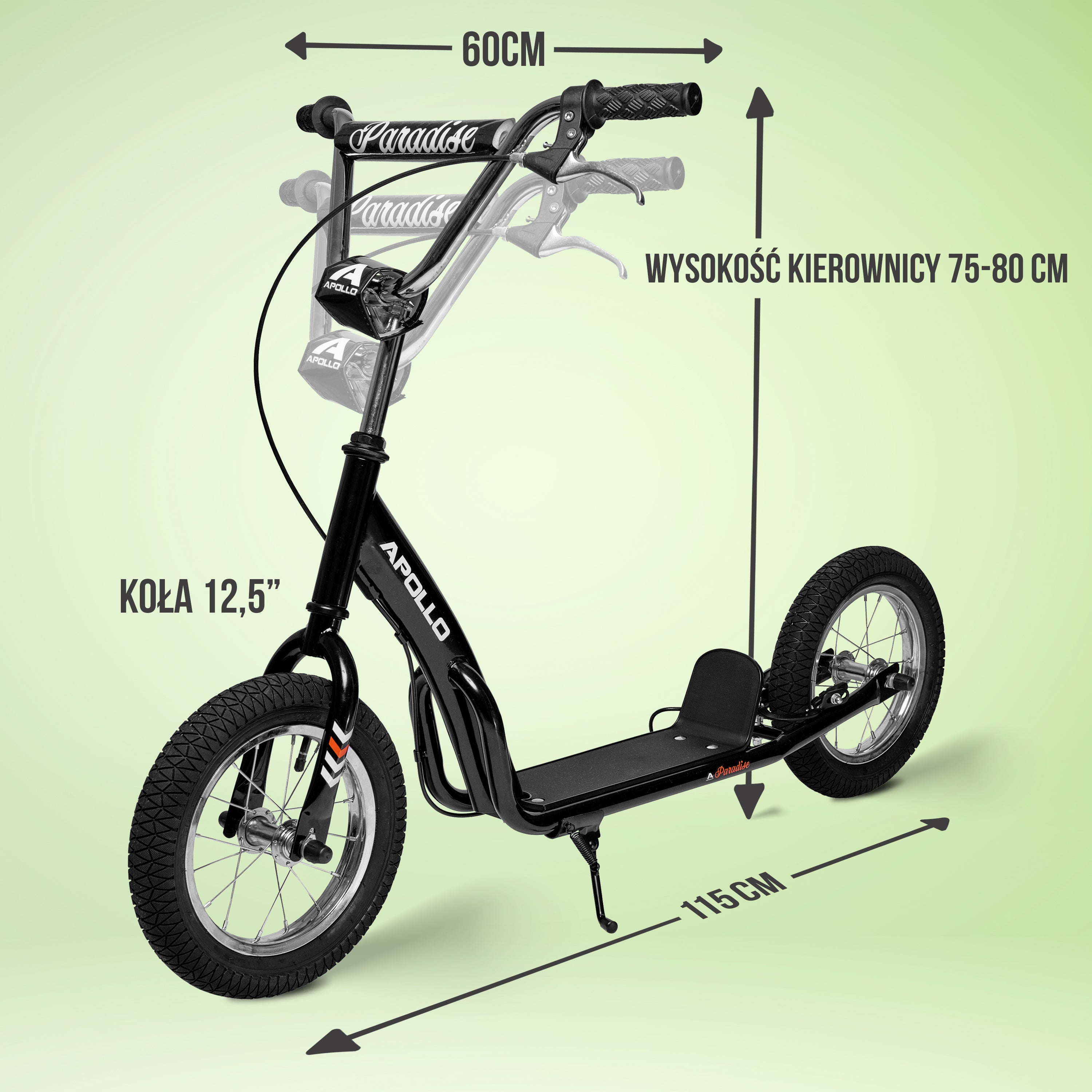 Apollo - Retro hulajnoga Paradise z oponami pneumatycznymi 12,5 cala - Czarny