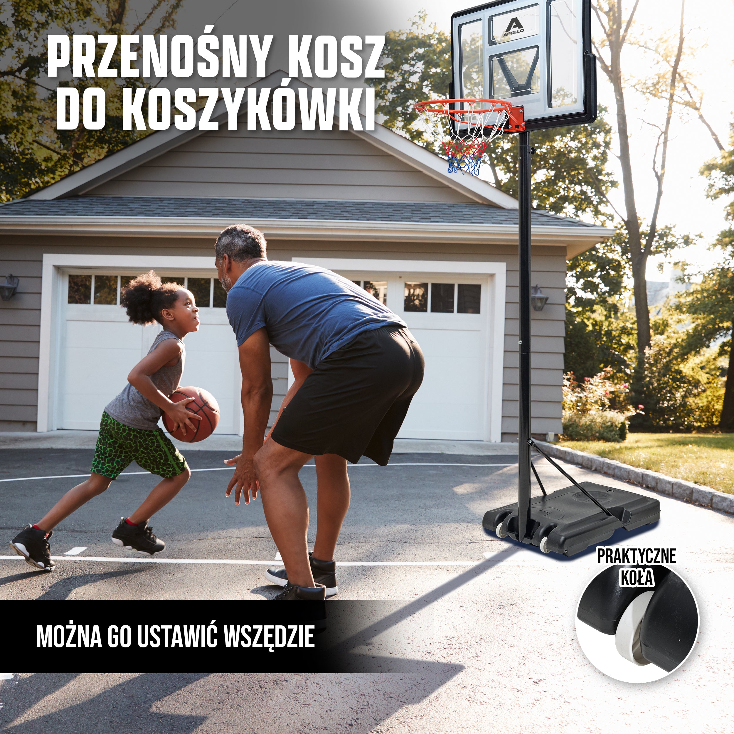 Apollo - Kosz do koszykówki ze stojakiem, kółkami, piłką i pompką - official Size 230-305 cm