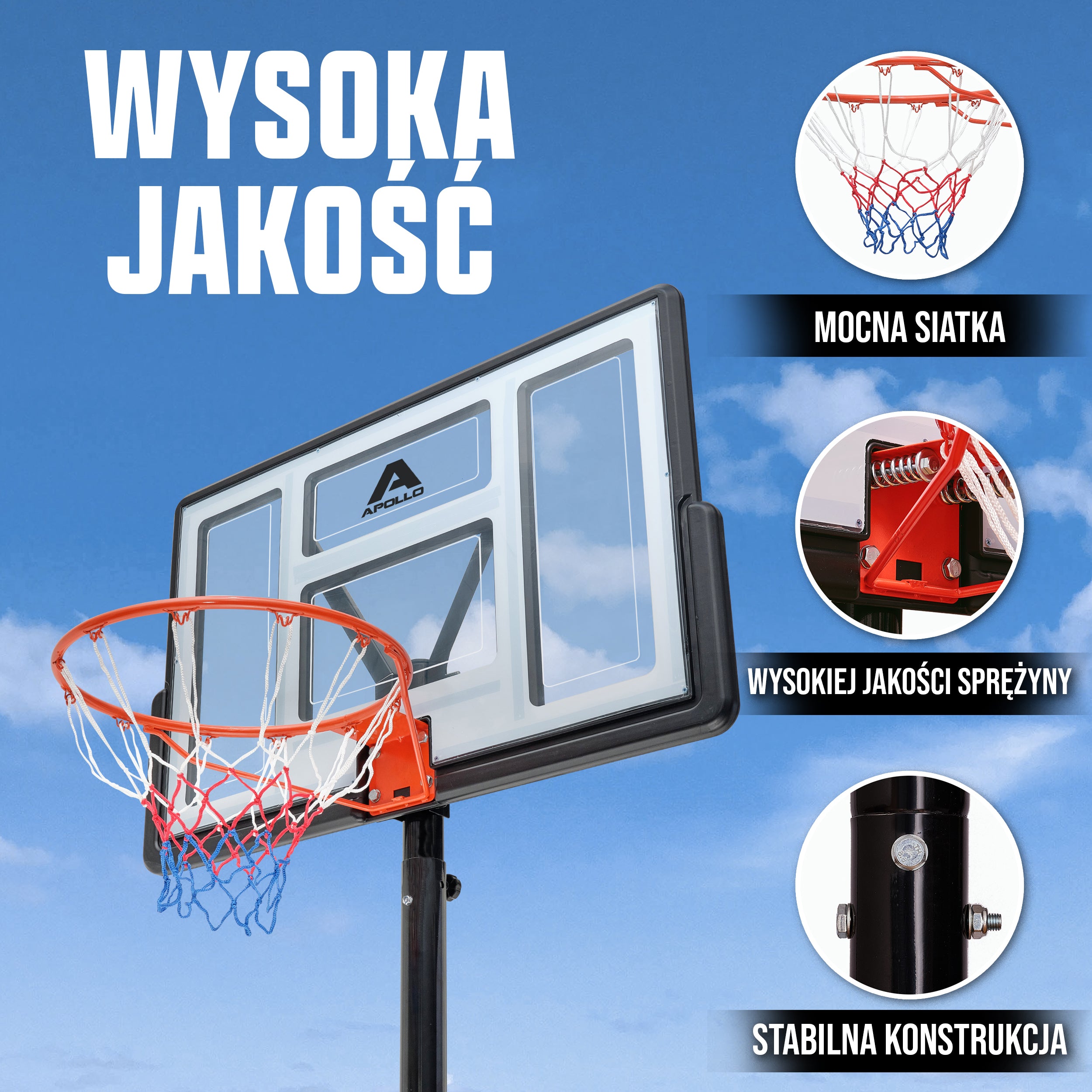 Apollo - Kosz do koszykówki ze stojakiem, kółkami, piłką i pompką - official Size 230-305 cm