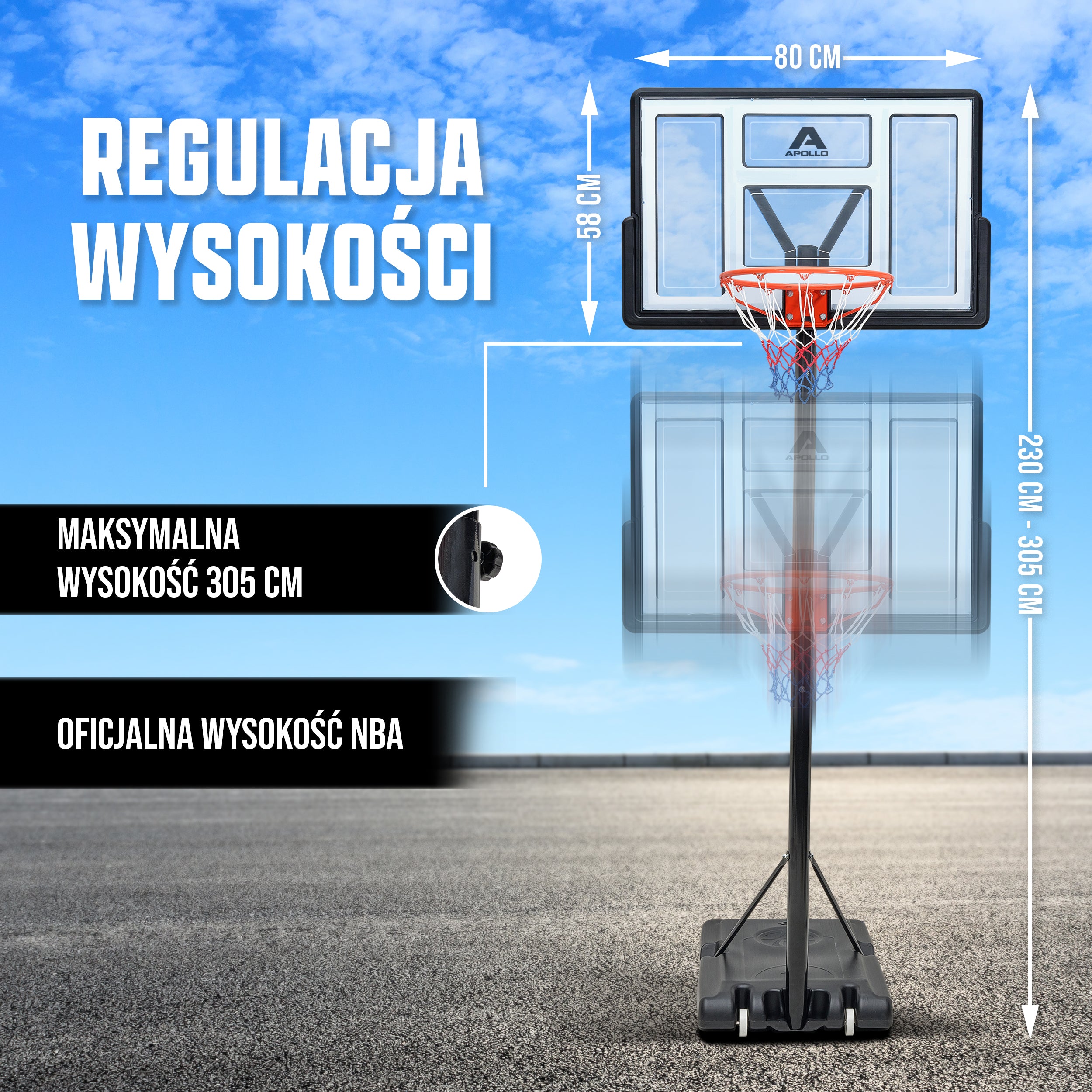 Apollo - Kosz do koszykówki ze stojakiem, kółkami, piłką i pompką - official Size 230-305 cm