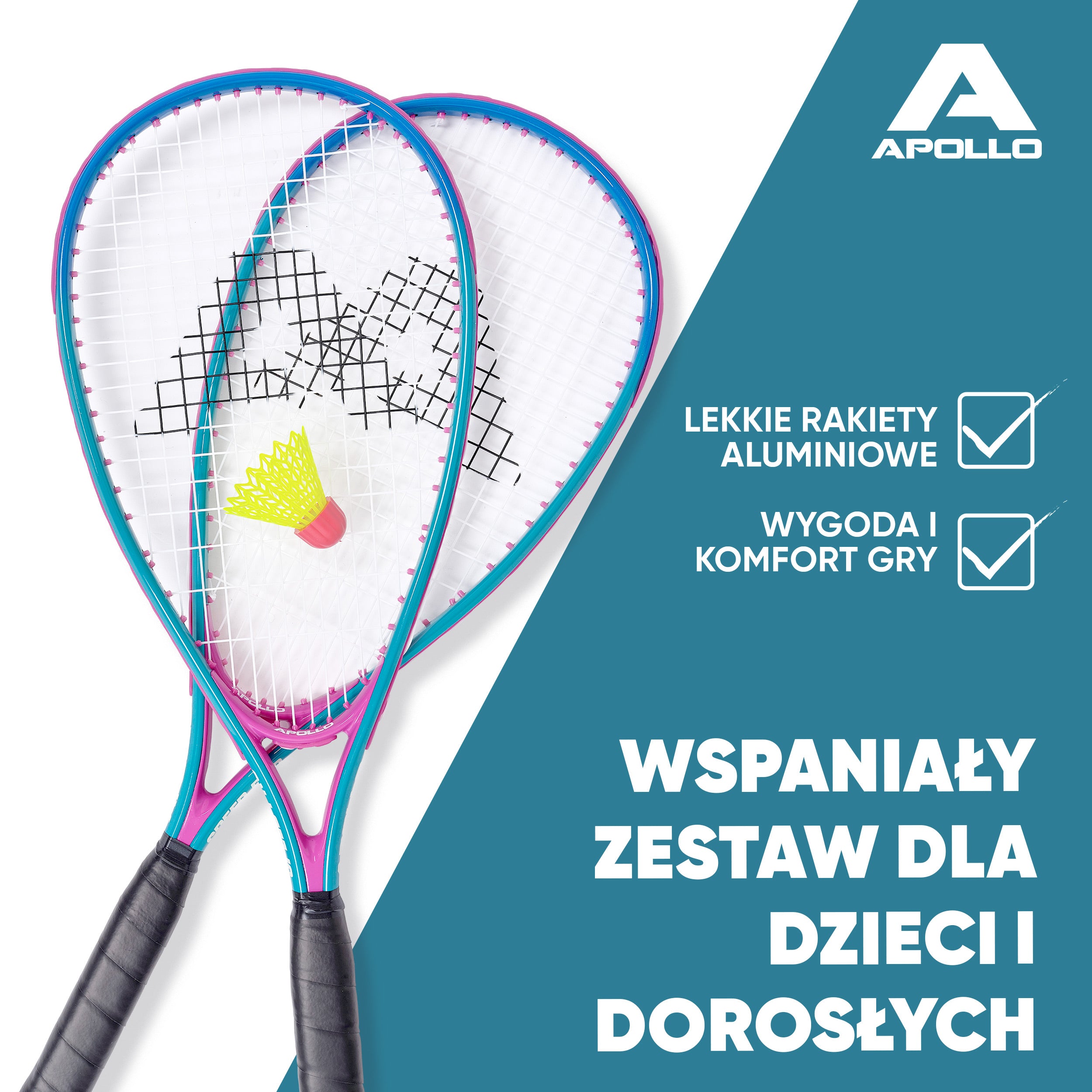 Apollo - Zestaw do speed badmintona - w tym torba, 2 rakiety, lotki - Niebieski Różowy