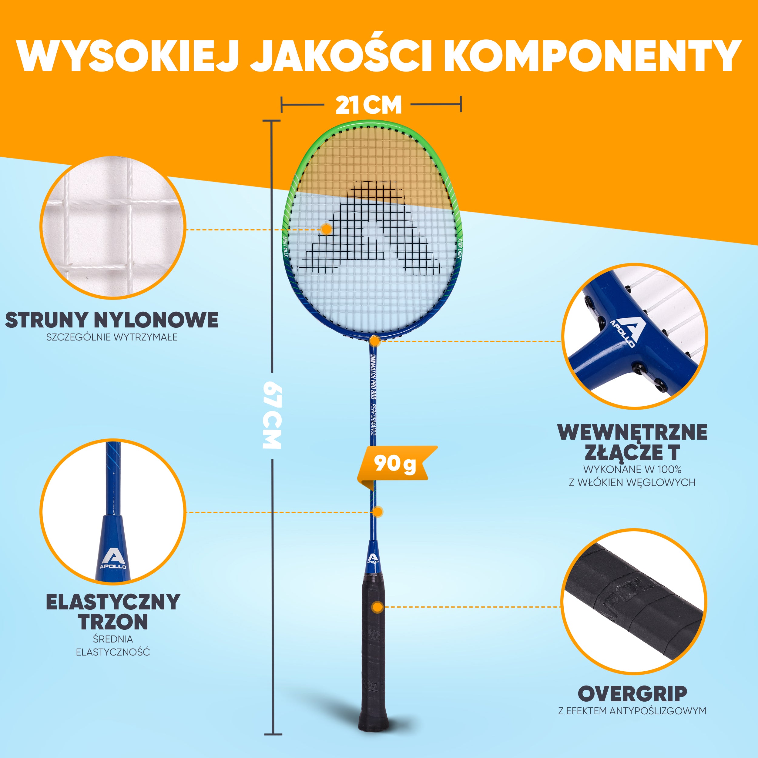 Apollo - Zestaw do badmintona Match Pro 800 – w zestawie: torba, 2 rakiety, lotki - Niebieski Zielony