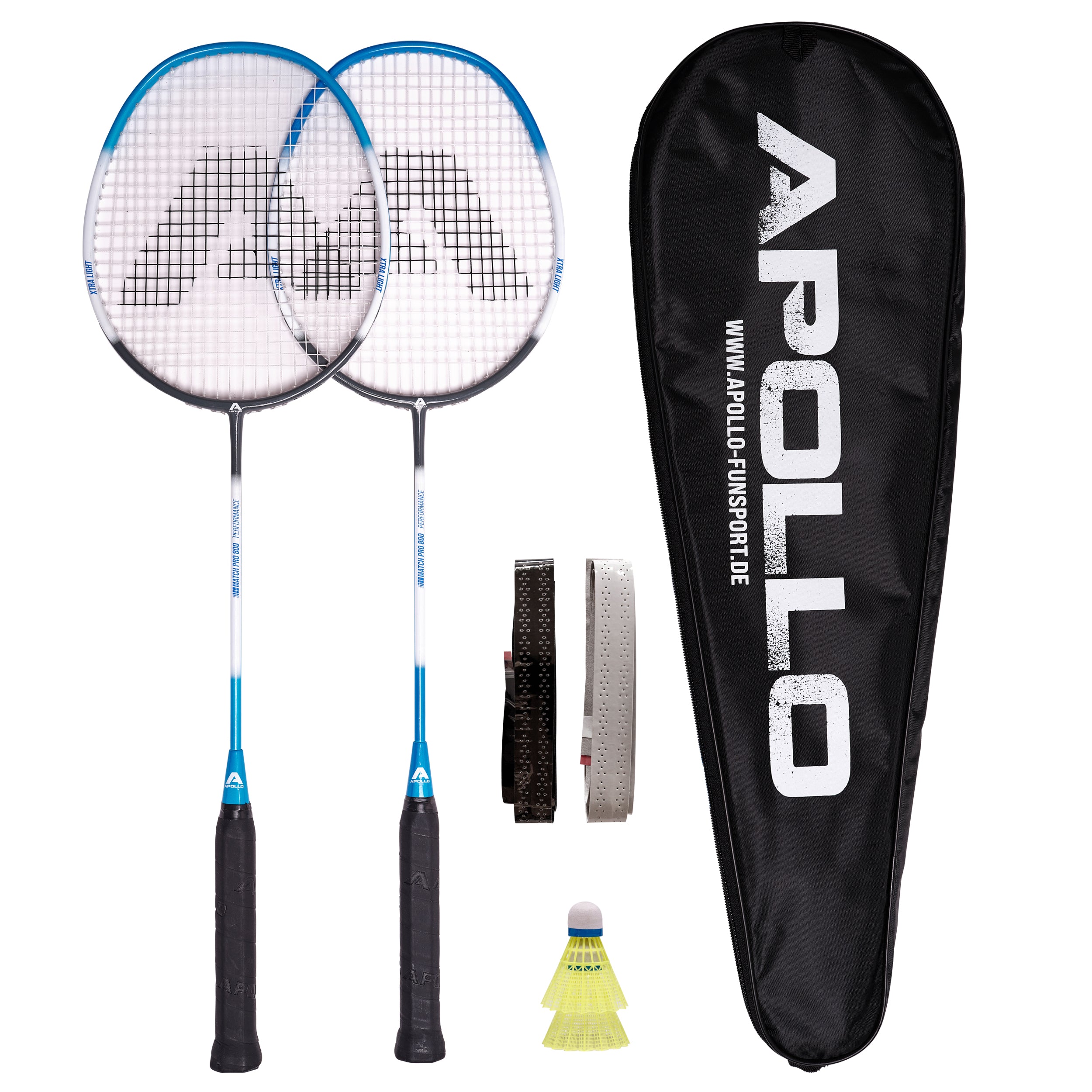 Apollo - Zestaw do badmintona Match Pro 800 – w zestawie: torba, 2 rakiety, lotki - Niebieski Szary