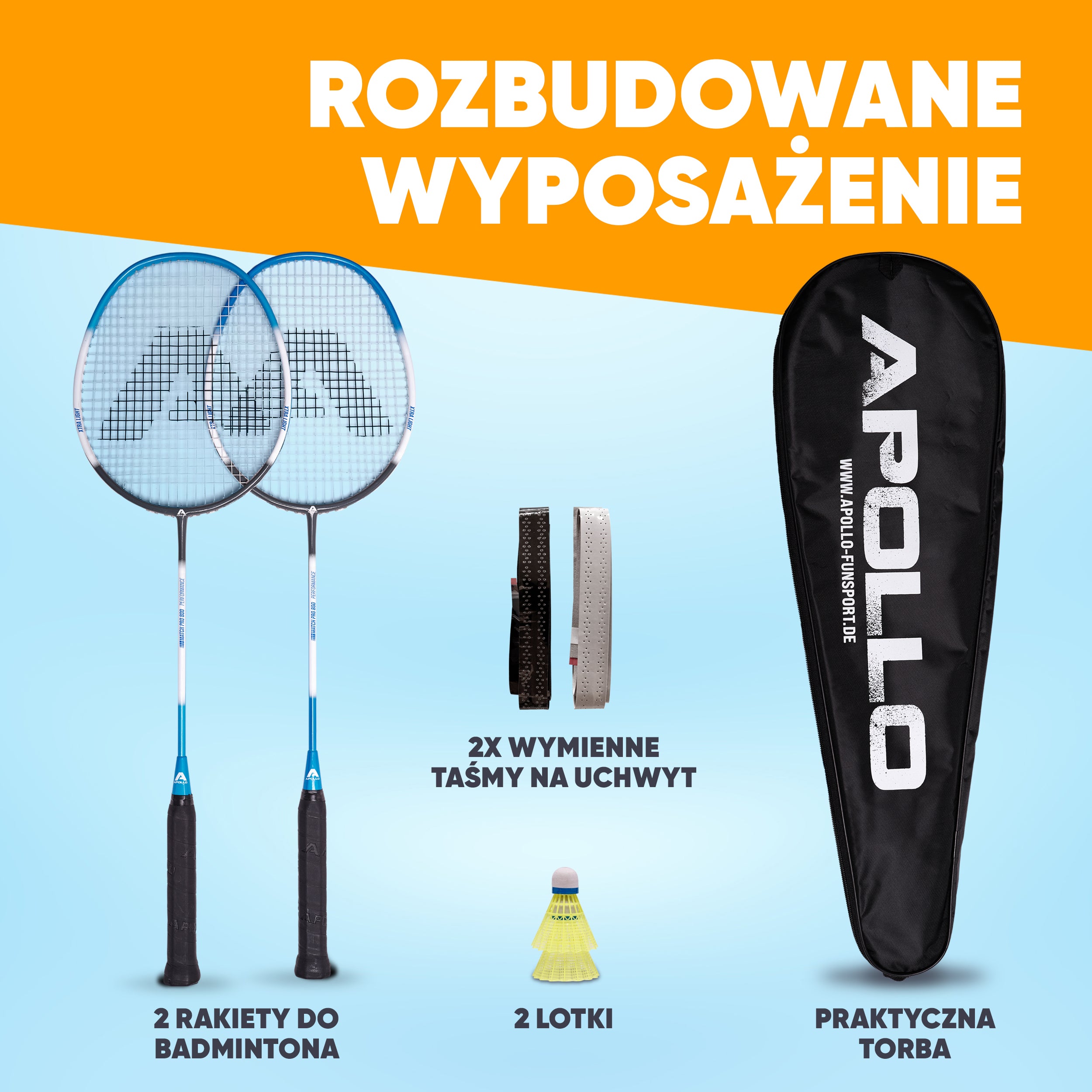Apollo - Zestaw do badmintona Match Pro 800 – w zestawie: torba, 2 rakiety, lotki - Niebieski Szary