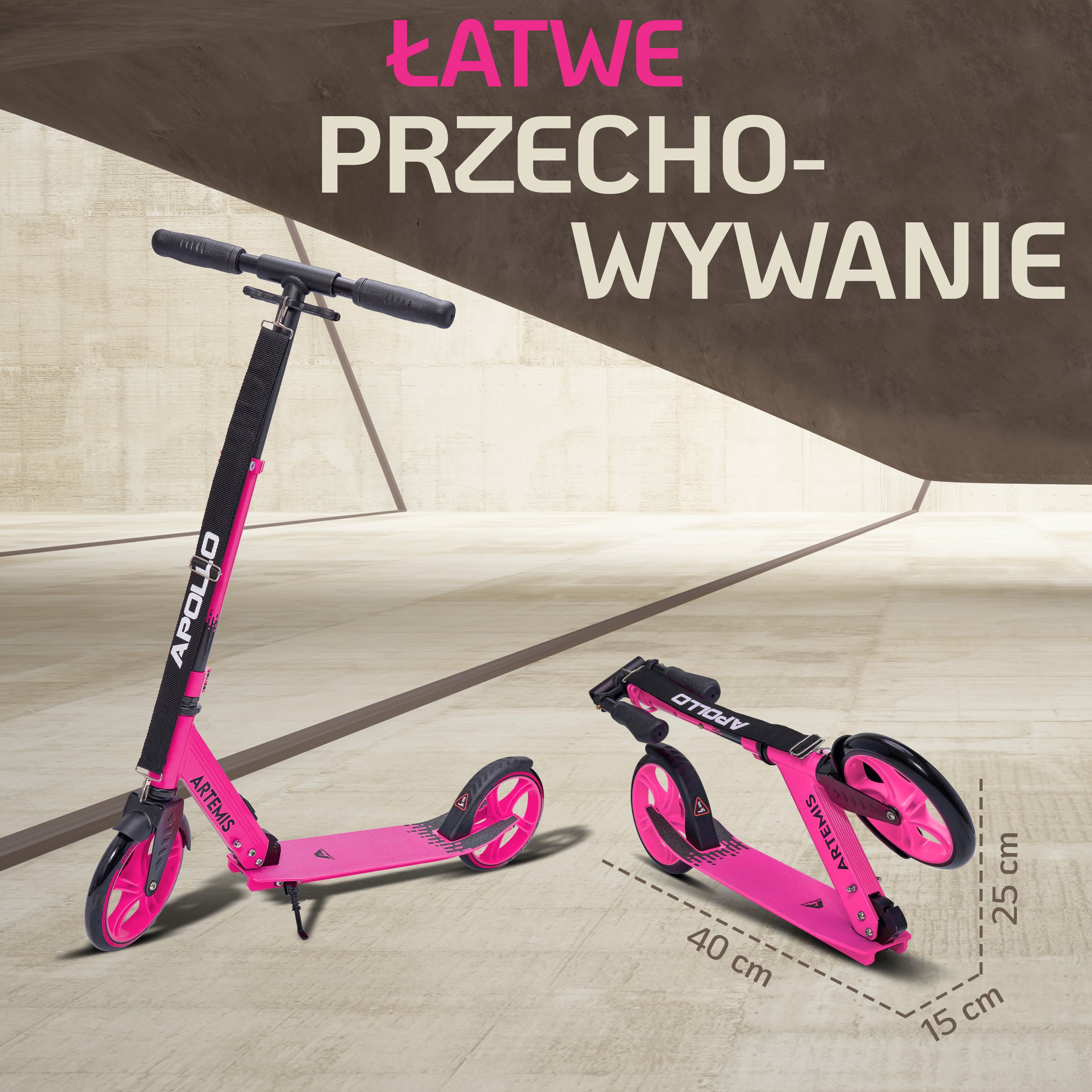 Apollo - Składana hulajnoga miejska „Artemis” z regulowaną wysokością kierownicy dla dzieci i młodzieży - Różowy