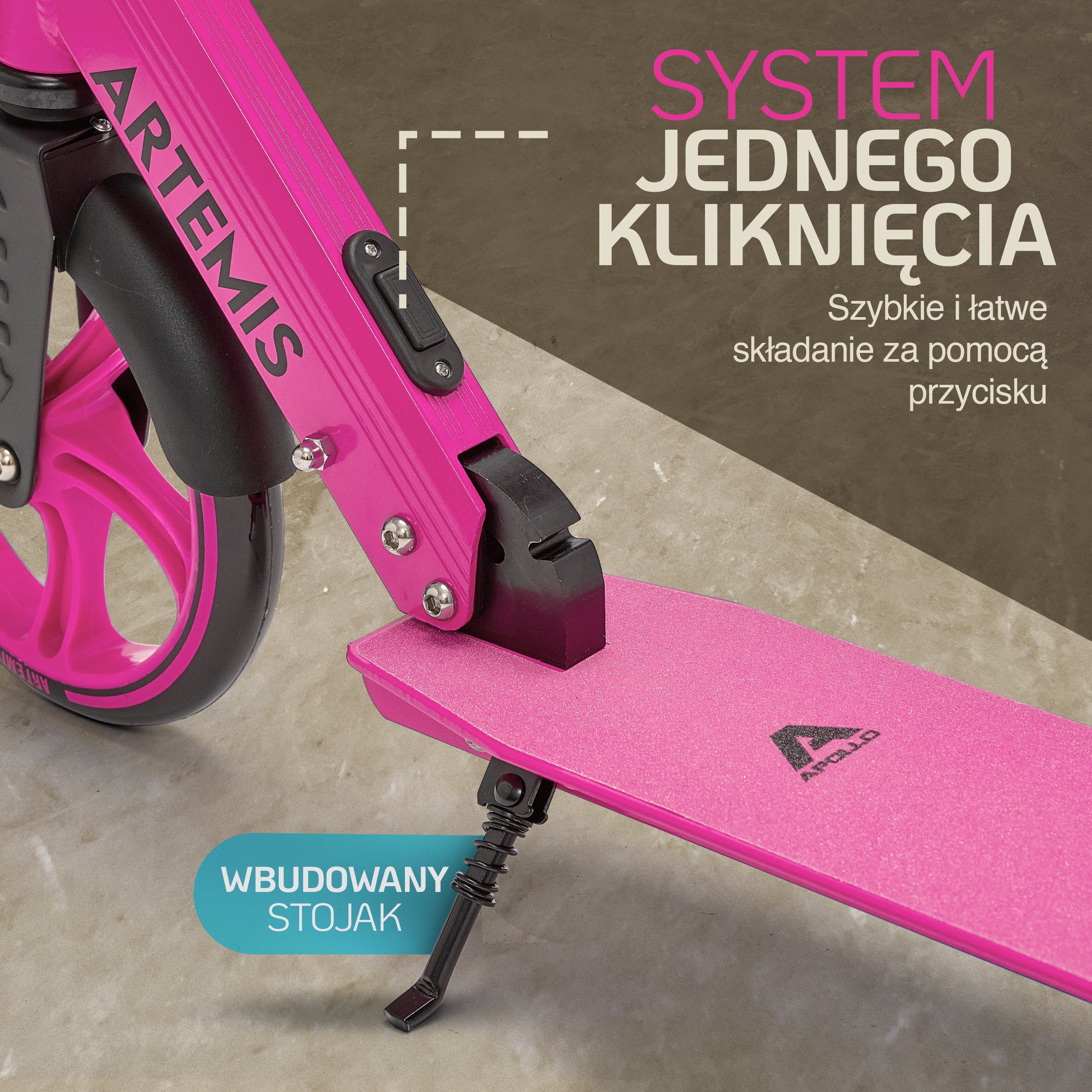 Apollo - Składana hulajnoga miejska „Artemis” z regulowaną wysokością kierownicy dla dzieci i młodzieży - Różowy