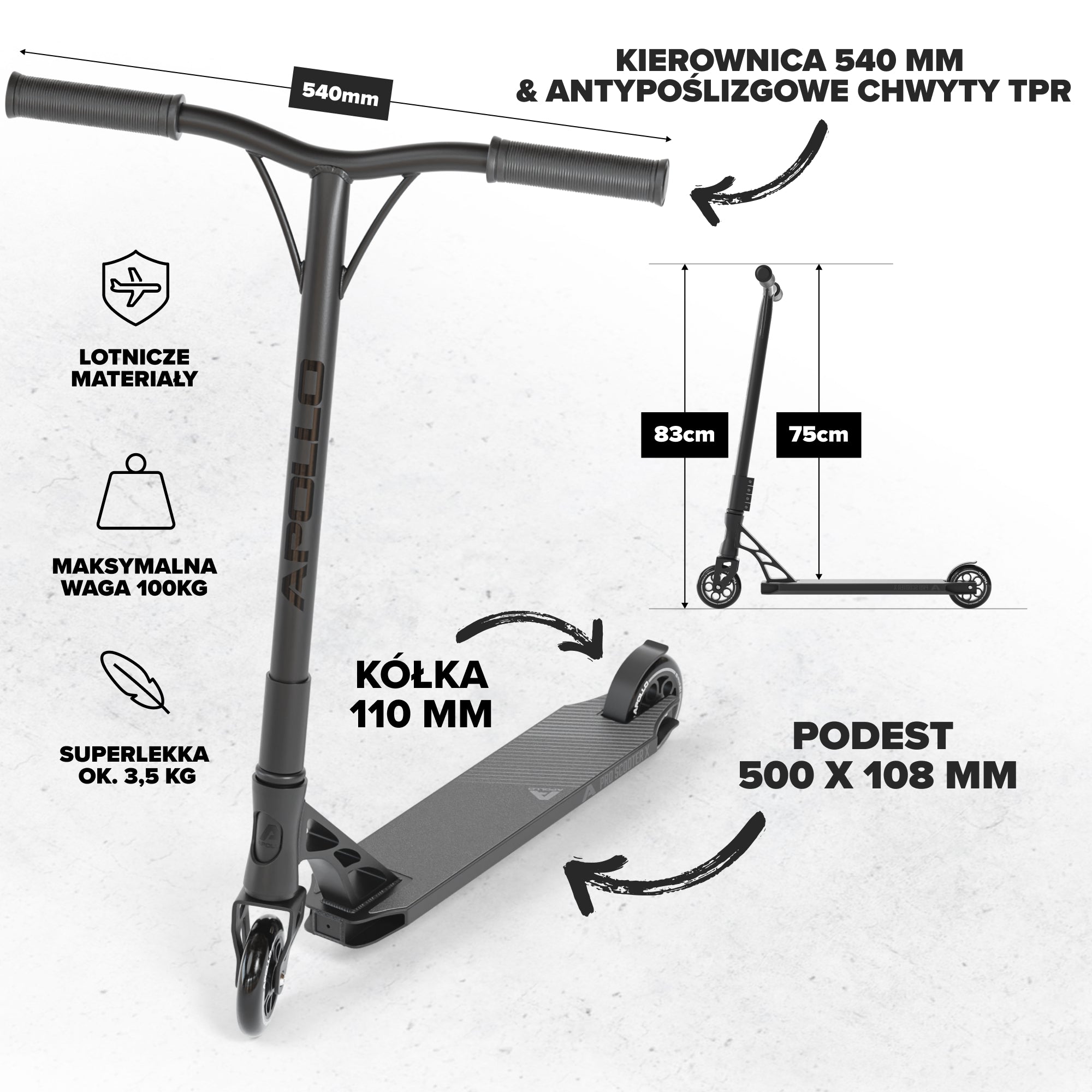 Apollo - High-end hulajnoga stunt "Genesis Pro X" z łożyskami ABEC 9 - Czarny