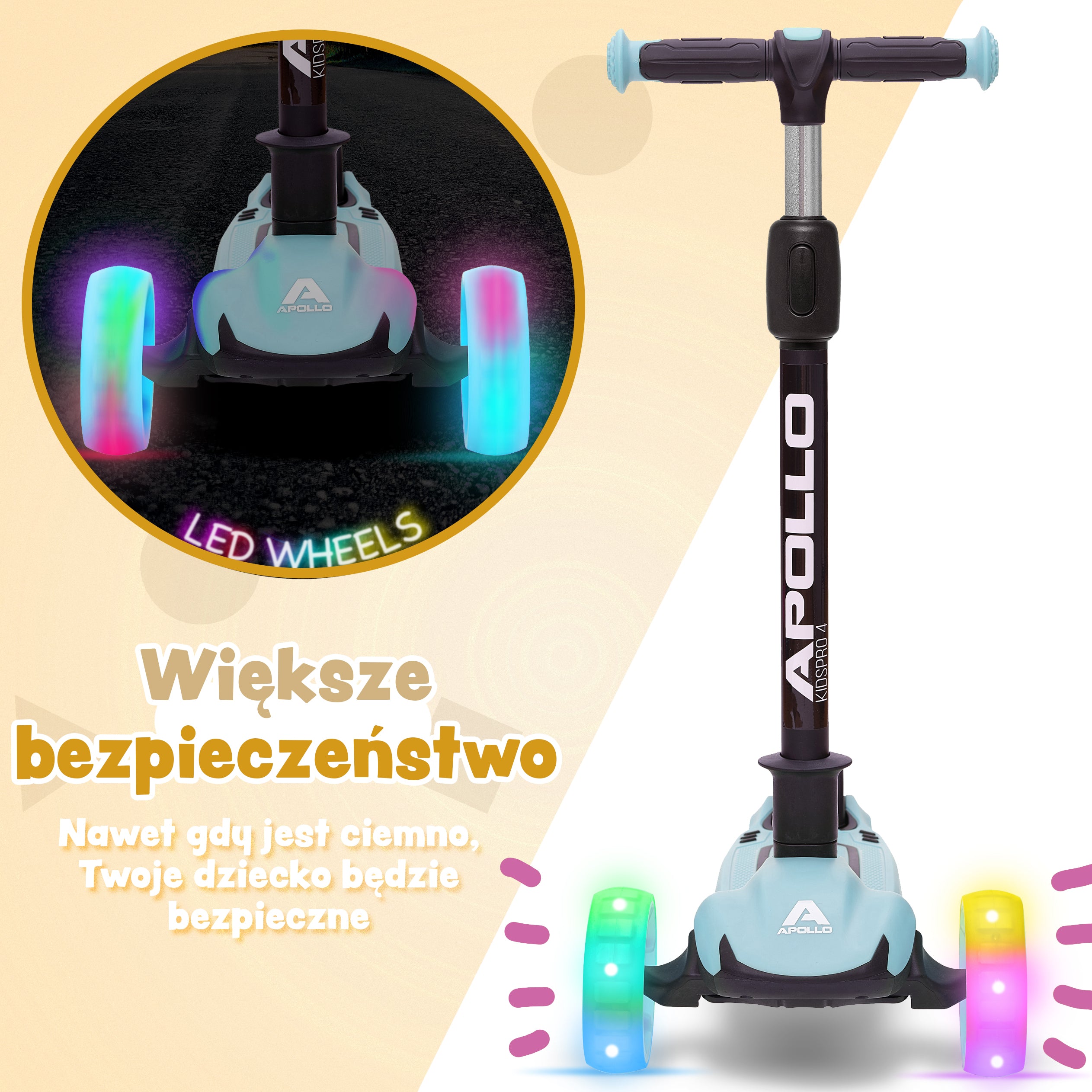 Apollo - Hulajnoga dla dzieci "KidsPro4" składana hulajnoga LED - Niebieski