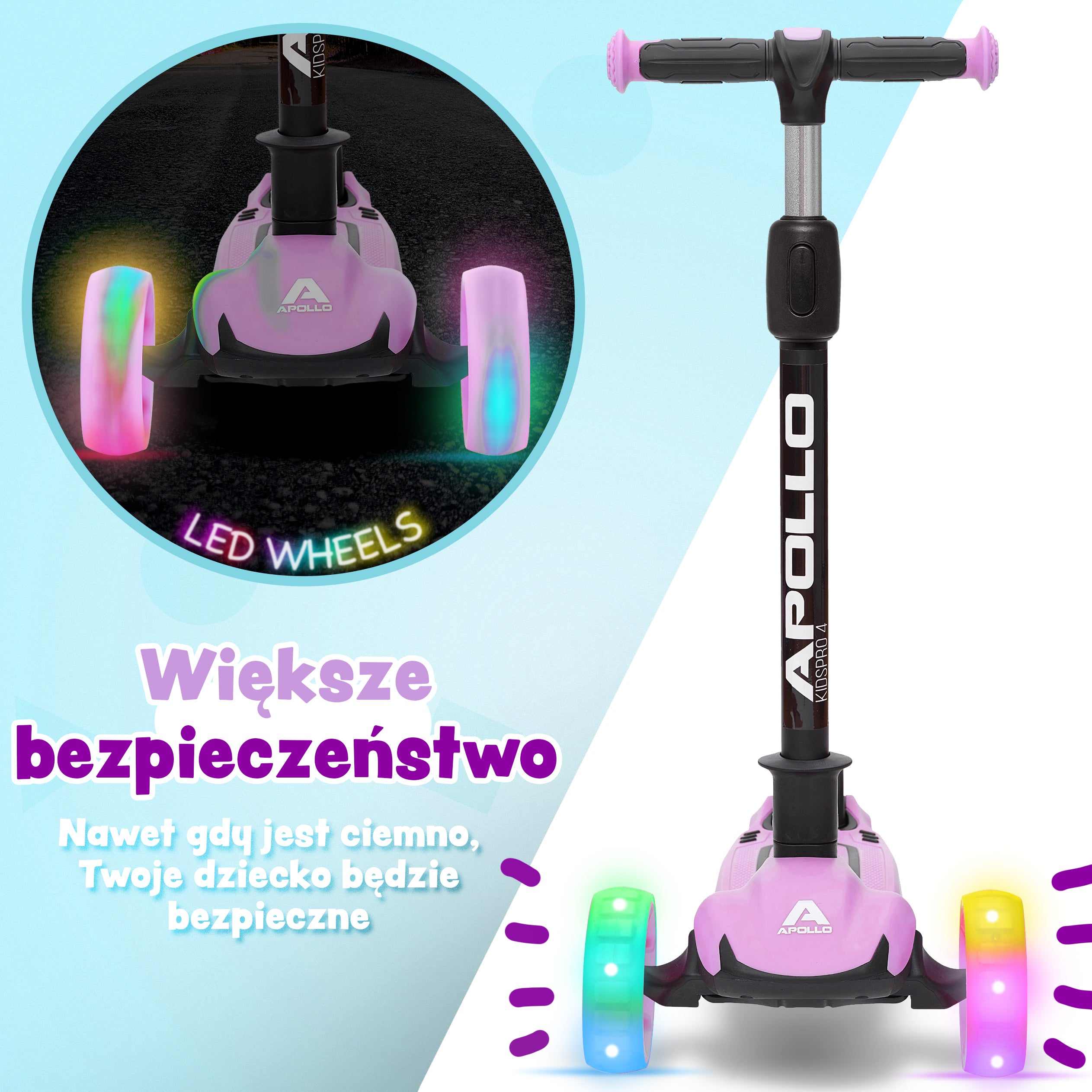 Apollo - Hulajnoga dla dzieci "KidsPro4" składana hulajnoga LED - Fioletowy