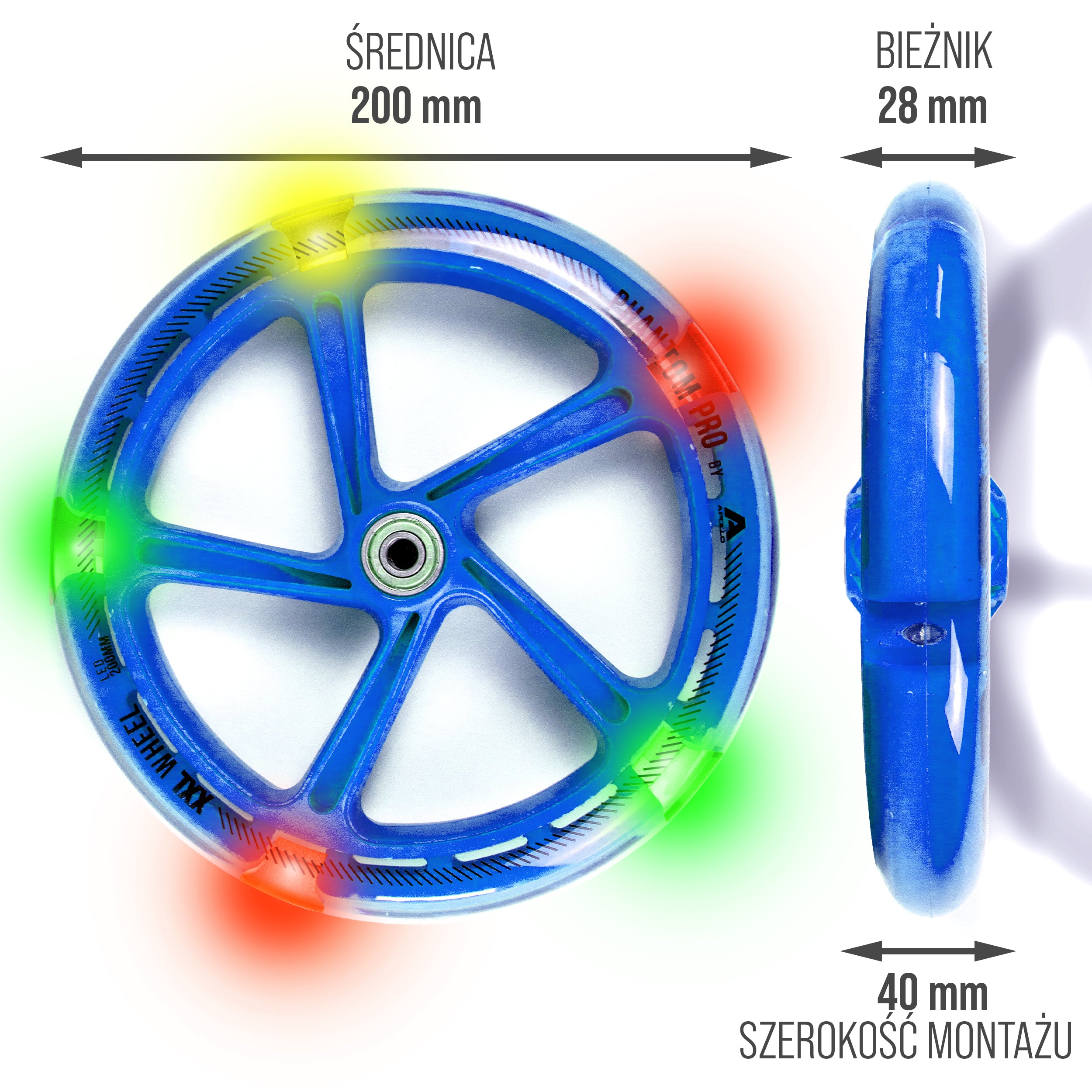 Apollo - 200 mm zestaw zapasowych kół do City Scooter - Phantom / Spectre - LED Niebieski Transparent