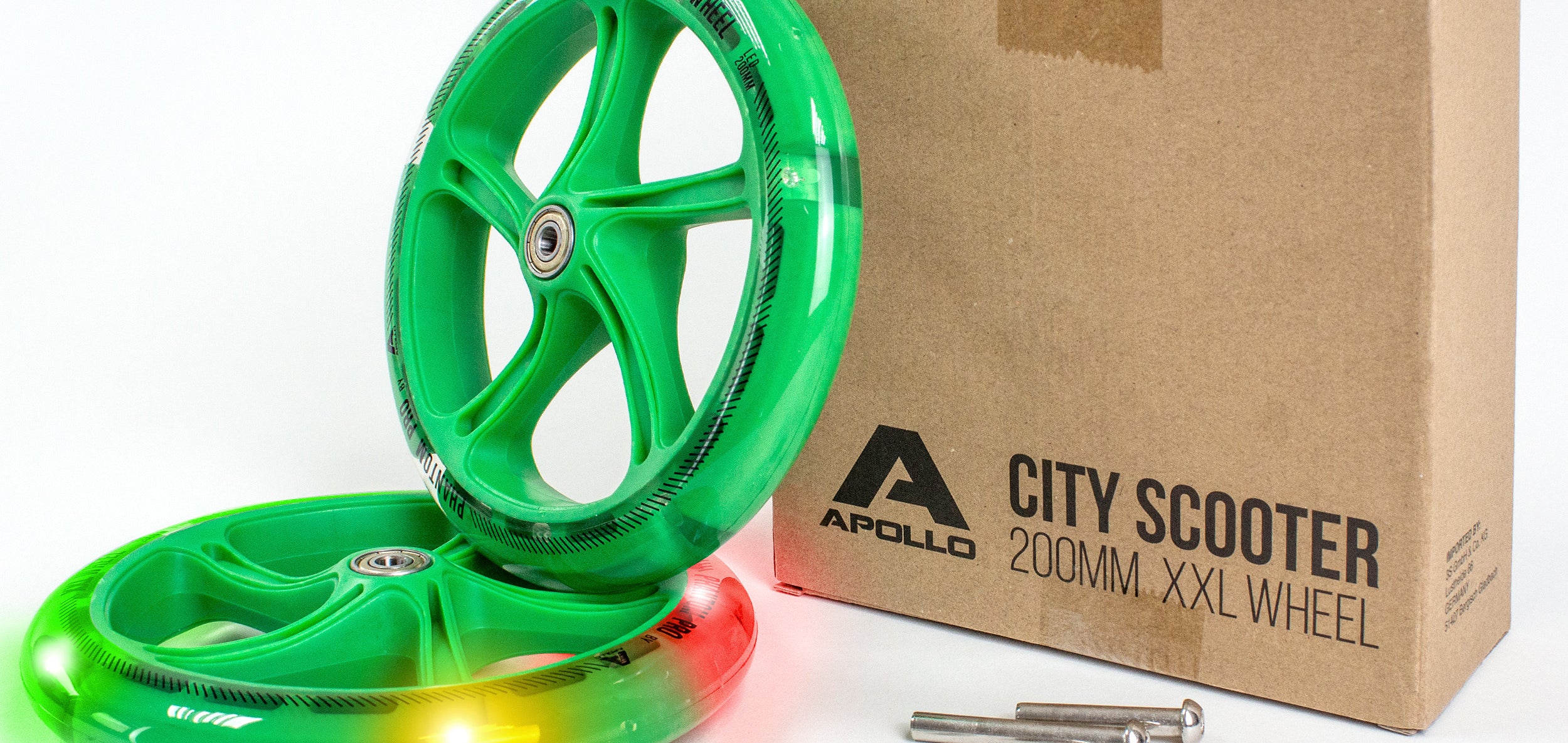 Apollo - 200 mm zestaw zapasowych kół do City Scooter - Phantom / Spectre - LED Zielony Transparent