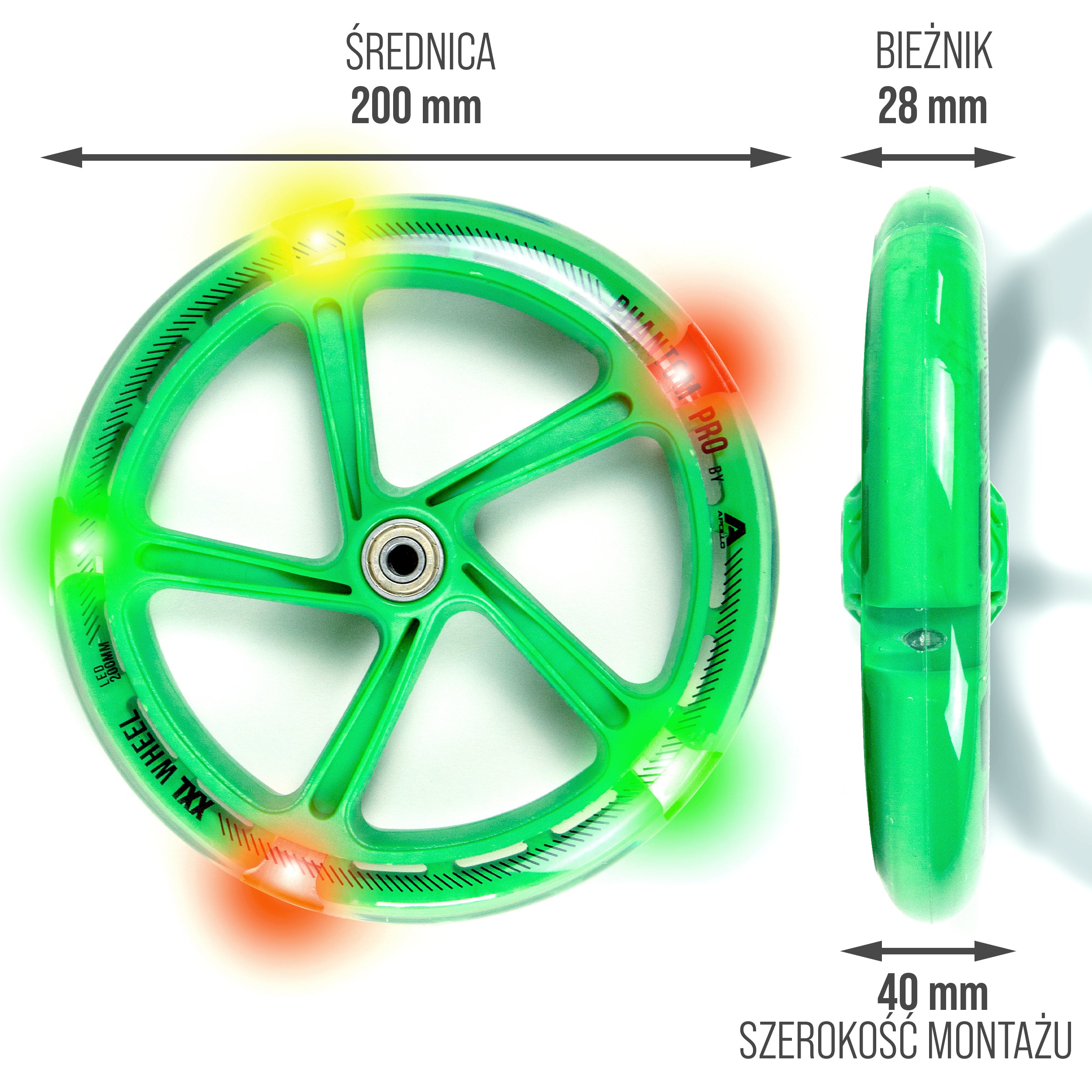 Apollo - 200 mm zestaw zapasowych kół do City Scooter - Phantom / Spectre - LED Zielony Transparent