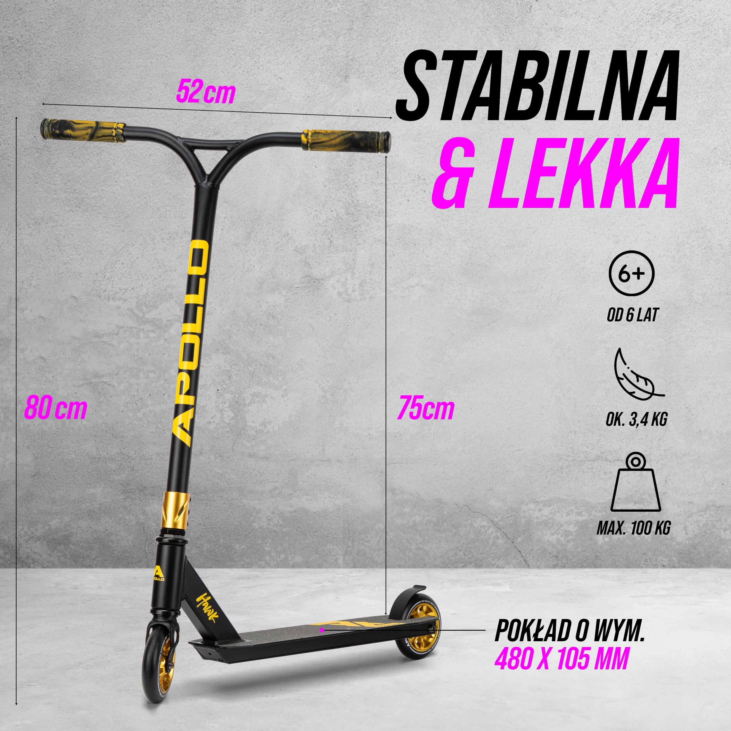 Apollo - Hulajnoga stunt „Hawk” – freestyle kickscooter dla dzieci i dorosłych - Czarny Złoty