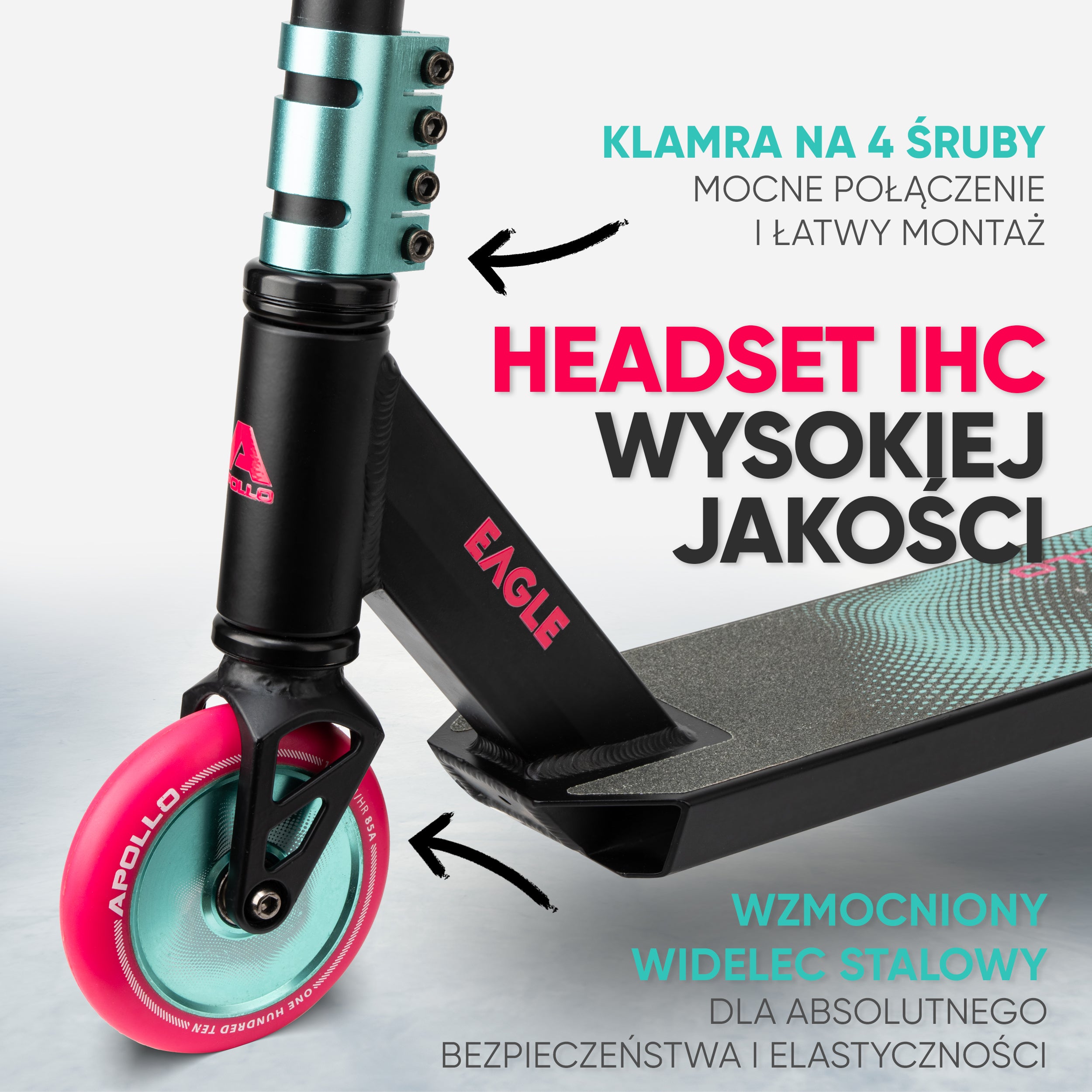 Apollo - Hulajnoga stunt „Eagle” – anodowany profesjonalny stunt roller z łożyskami ABEC 9 - Czarny Miętowy Różowy
