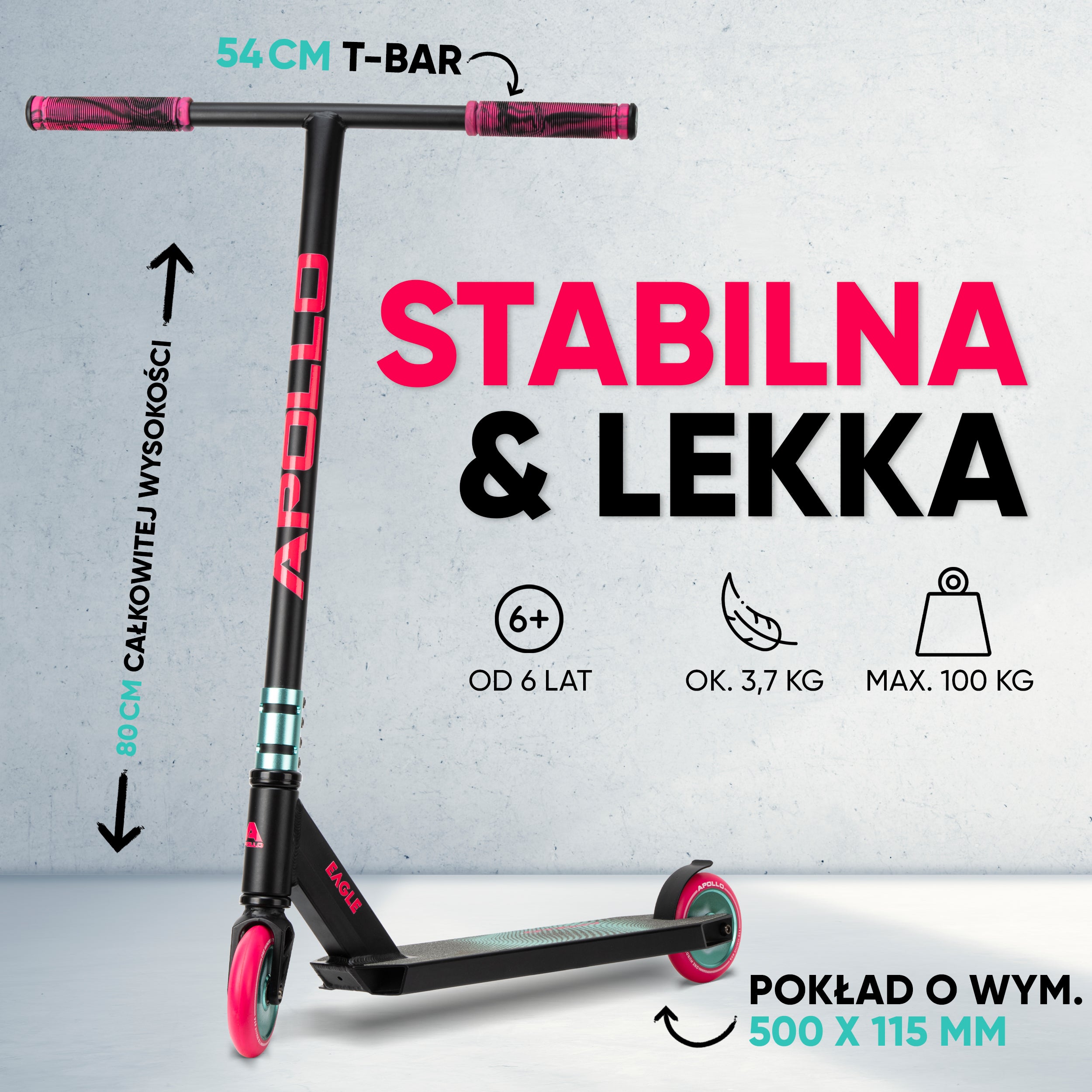 Apollo - Hulajnoga stunt „Eagle” – anodowany profesjonalny stunt roller z łożyskami ABEC 9 - Czarny Miętowy Różowy