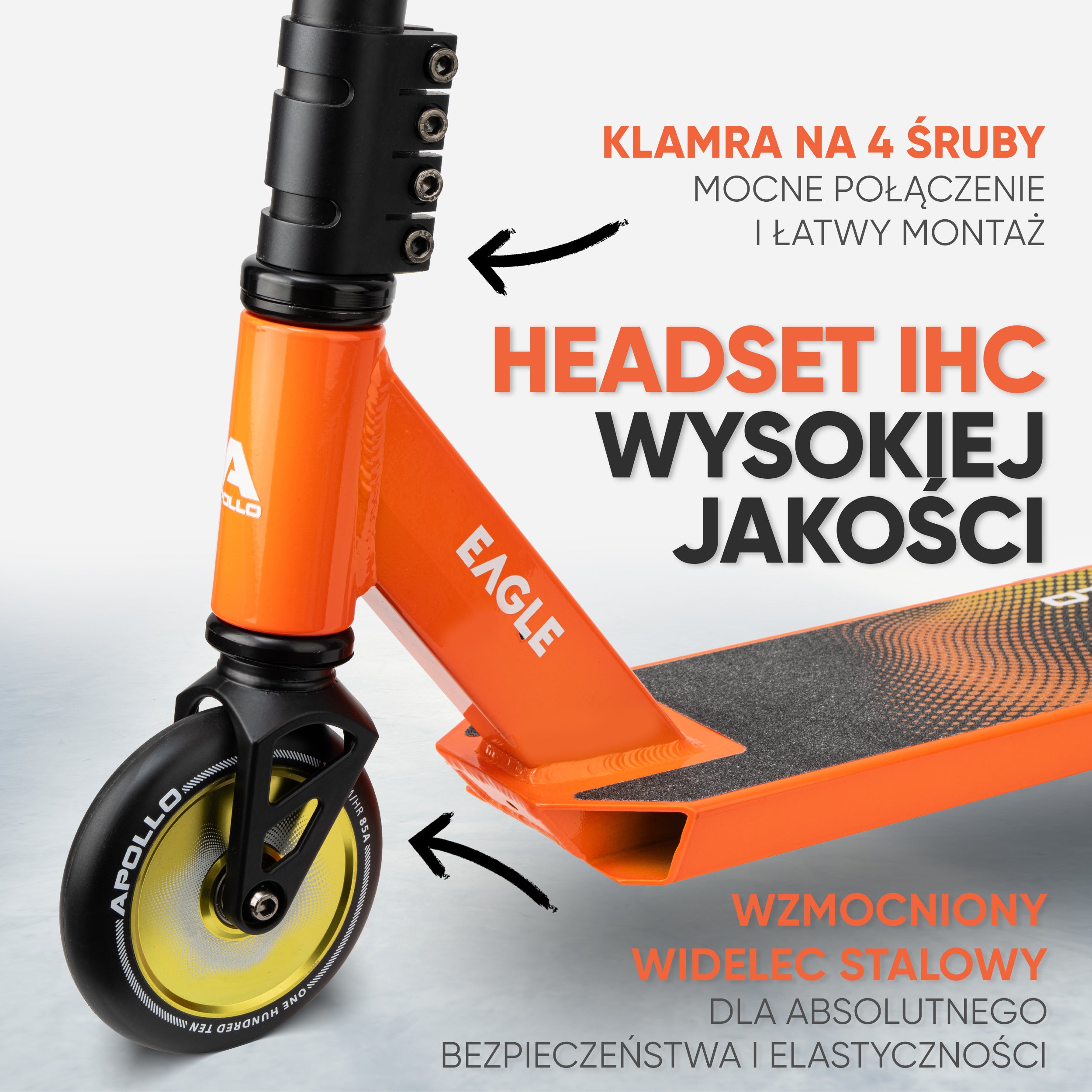 Apollo - Hulajnoga stunt „Eagle” – anodowany profesjonalny stunt roller z łożyskami ABEC 9 - Czarny Pomarańczowy