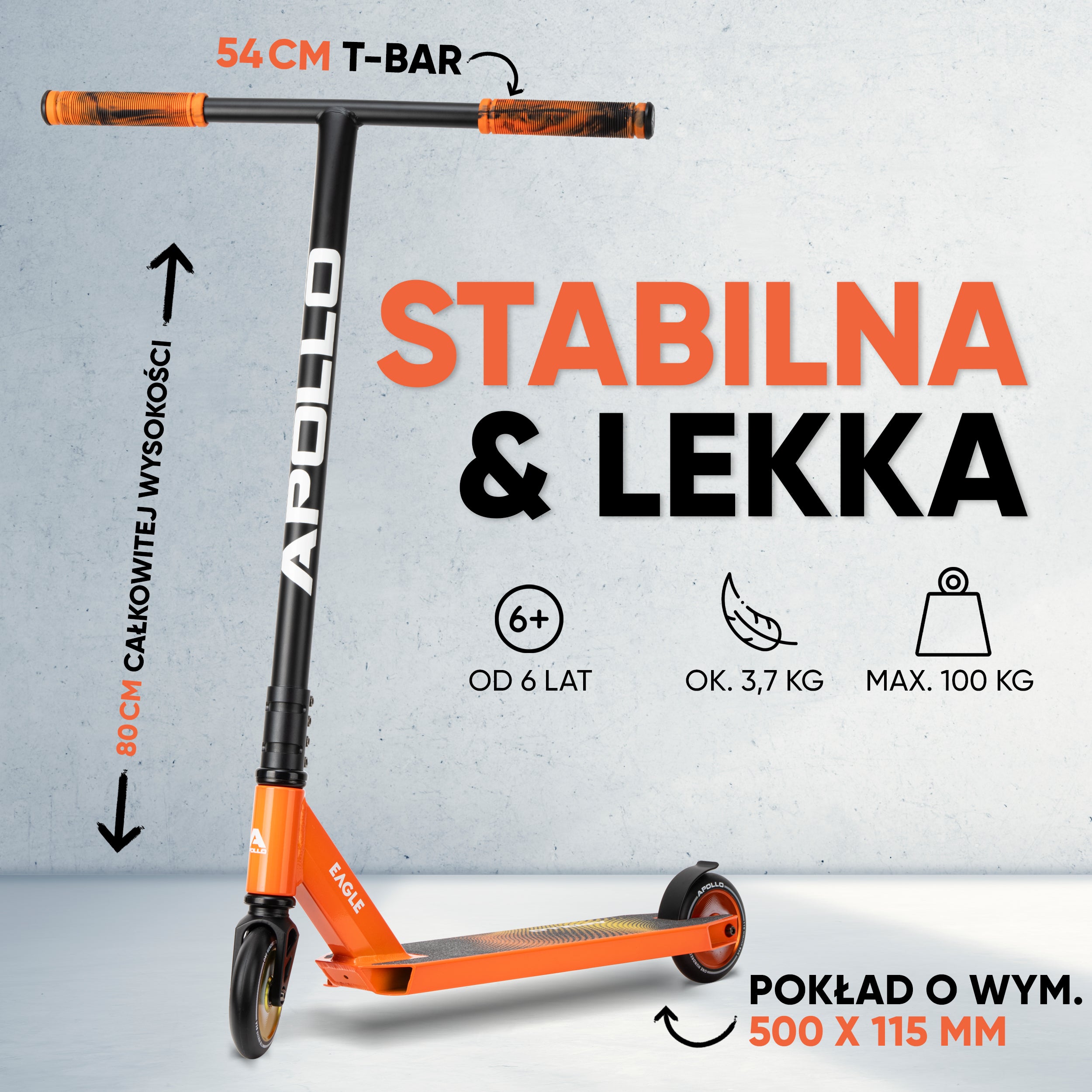 Apollo - Hulajnoga stunt „Eagle” – anodowany profesjonalny stunt roller z łożyskami ABEC 9 - Czarny Pomarańczowy