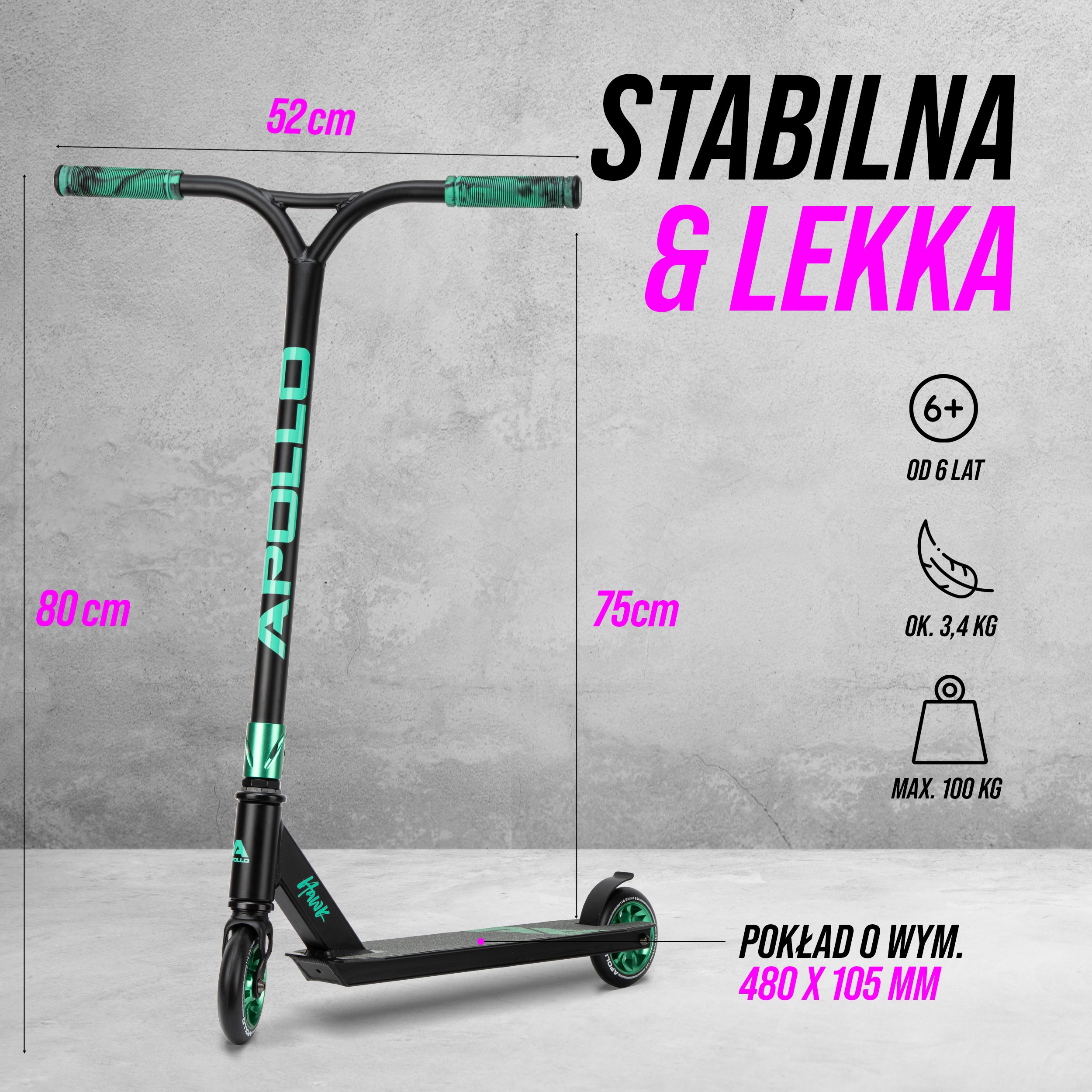 Apollo - Hulajnoga stunt „Hawk” – freestyle kickscooter dla dzieci i dorosłych - Czarny Ocean