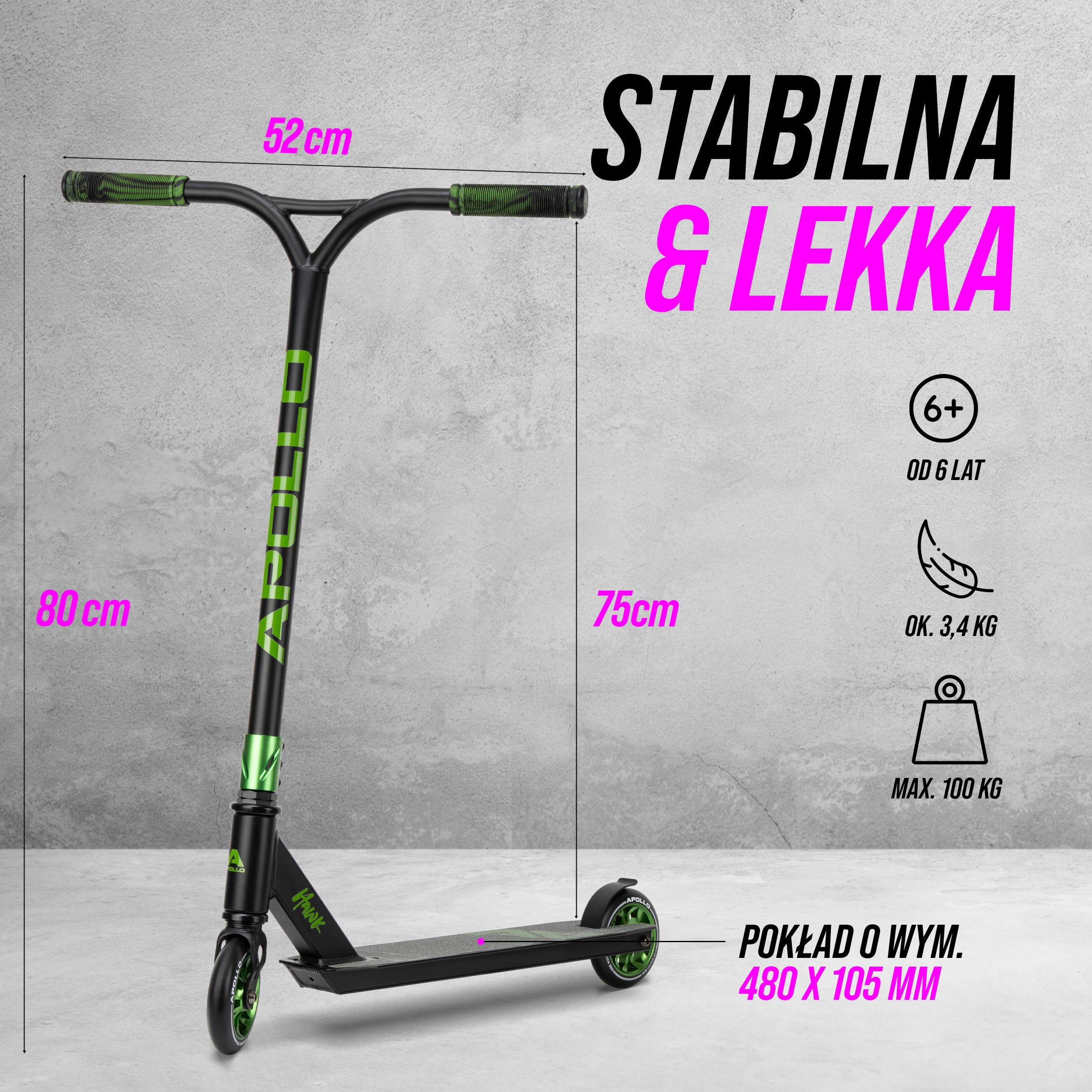 Apollo - Hulajnoga stunt „Hawk” – freestyle kickscooter dla dzieci i dorosłych - Czarny Zielony