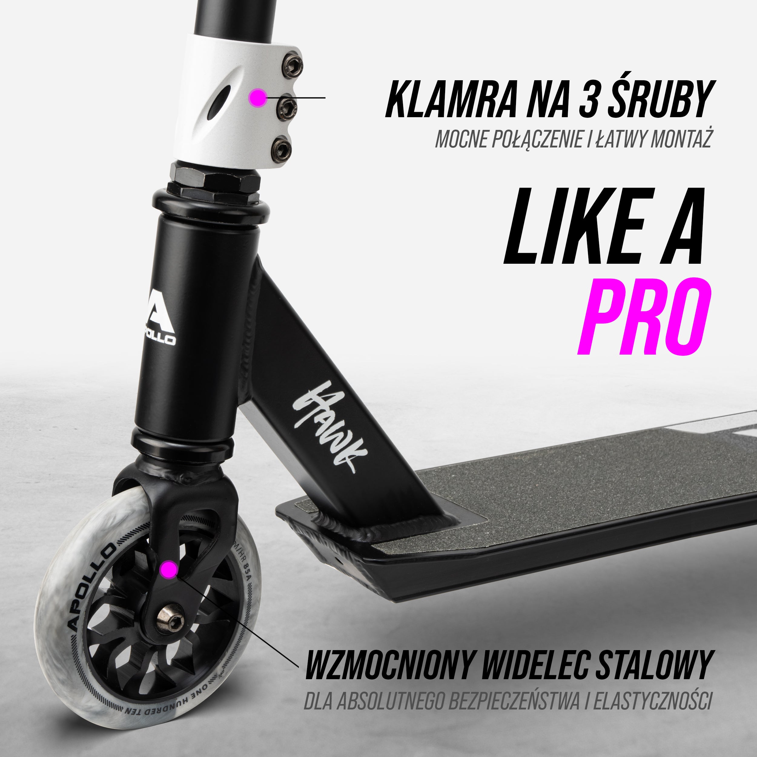 Apollo - Hulajnoga stunt „Hawk” – freestyle kickscooter dla dzieci i dorosłych - Czarny Biały