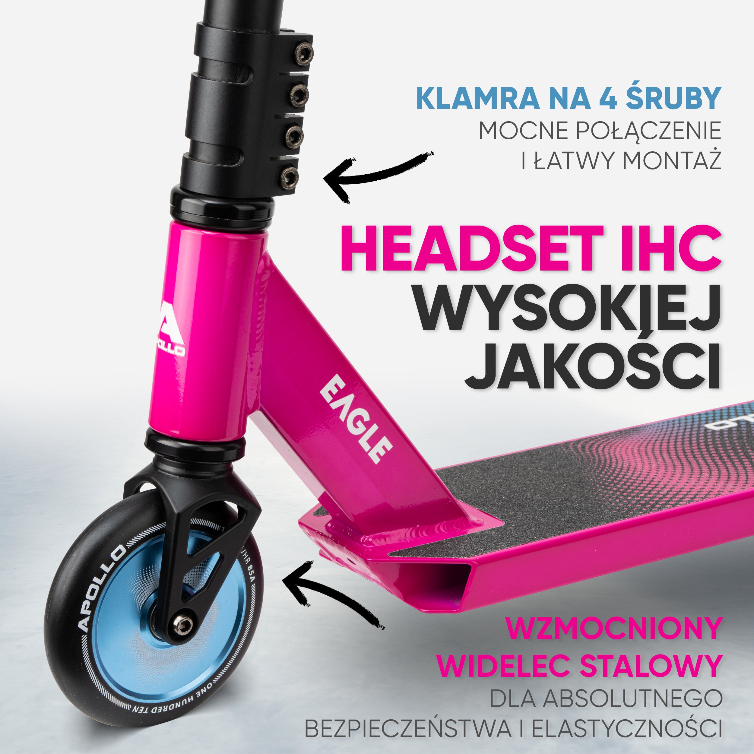 Apollo - Hulajnoga stunt „Eagle” – anodowany profesjonalny stunt roller z łożyskami ABEC 9 - Różowy