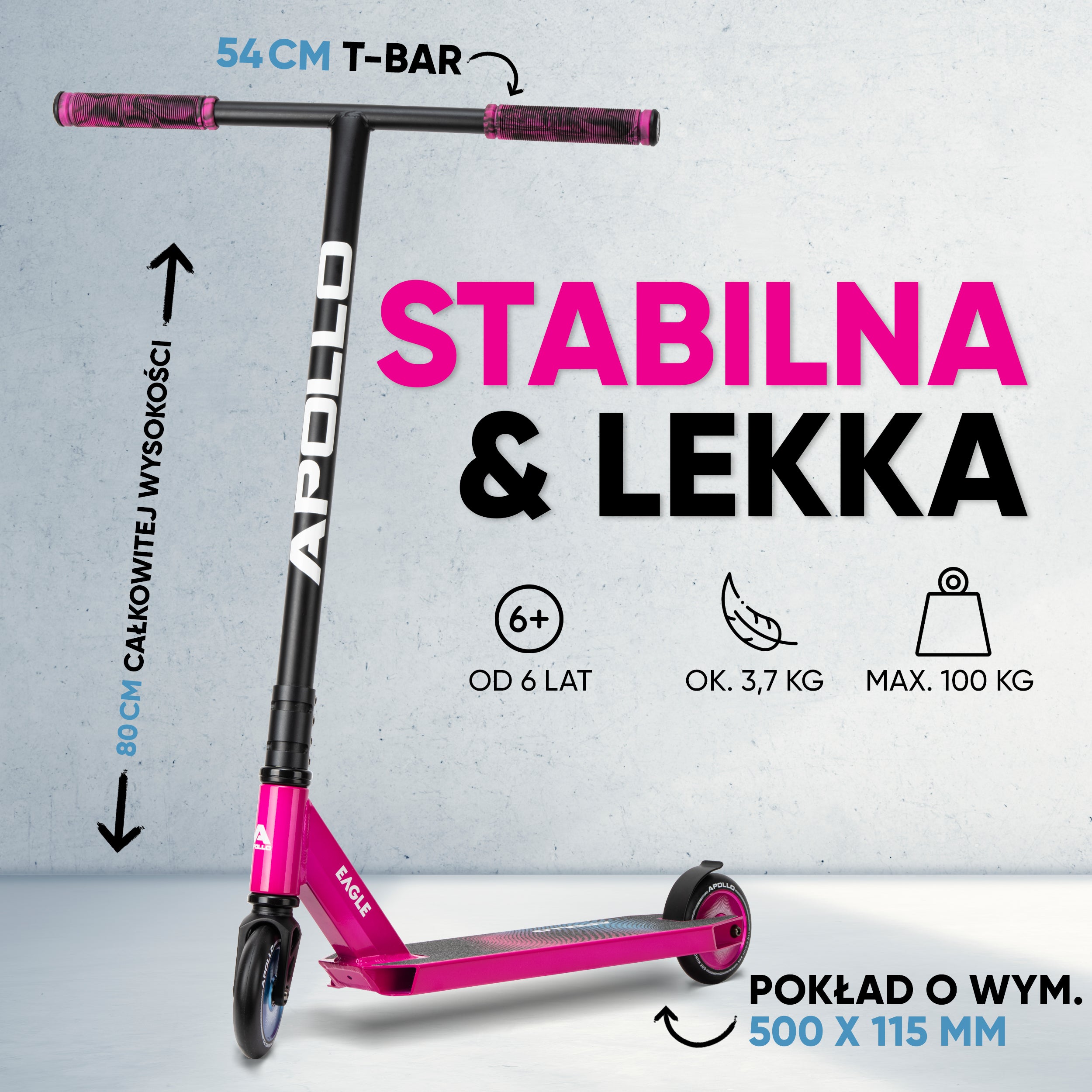 Apollo - Hulajnoga stunt „Eagle” – anodowany profesjonalny stunt roller z łożyskami ABEC 9 - Różowy