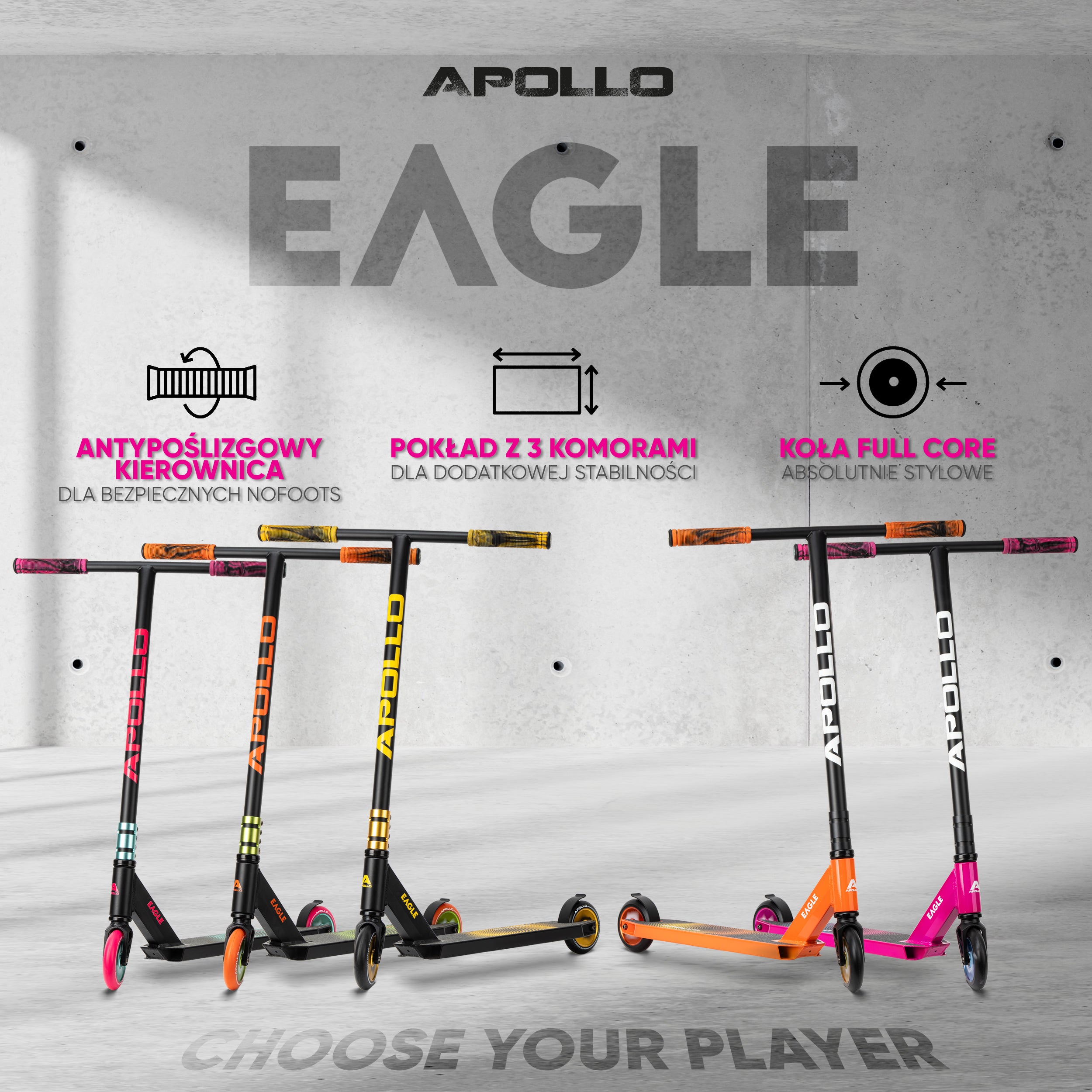 Apollo - Hulajnoga stunt „Eagle” – anodowany profesjonalny stunt roller z łożyskami ABEC 9 - Różowy