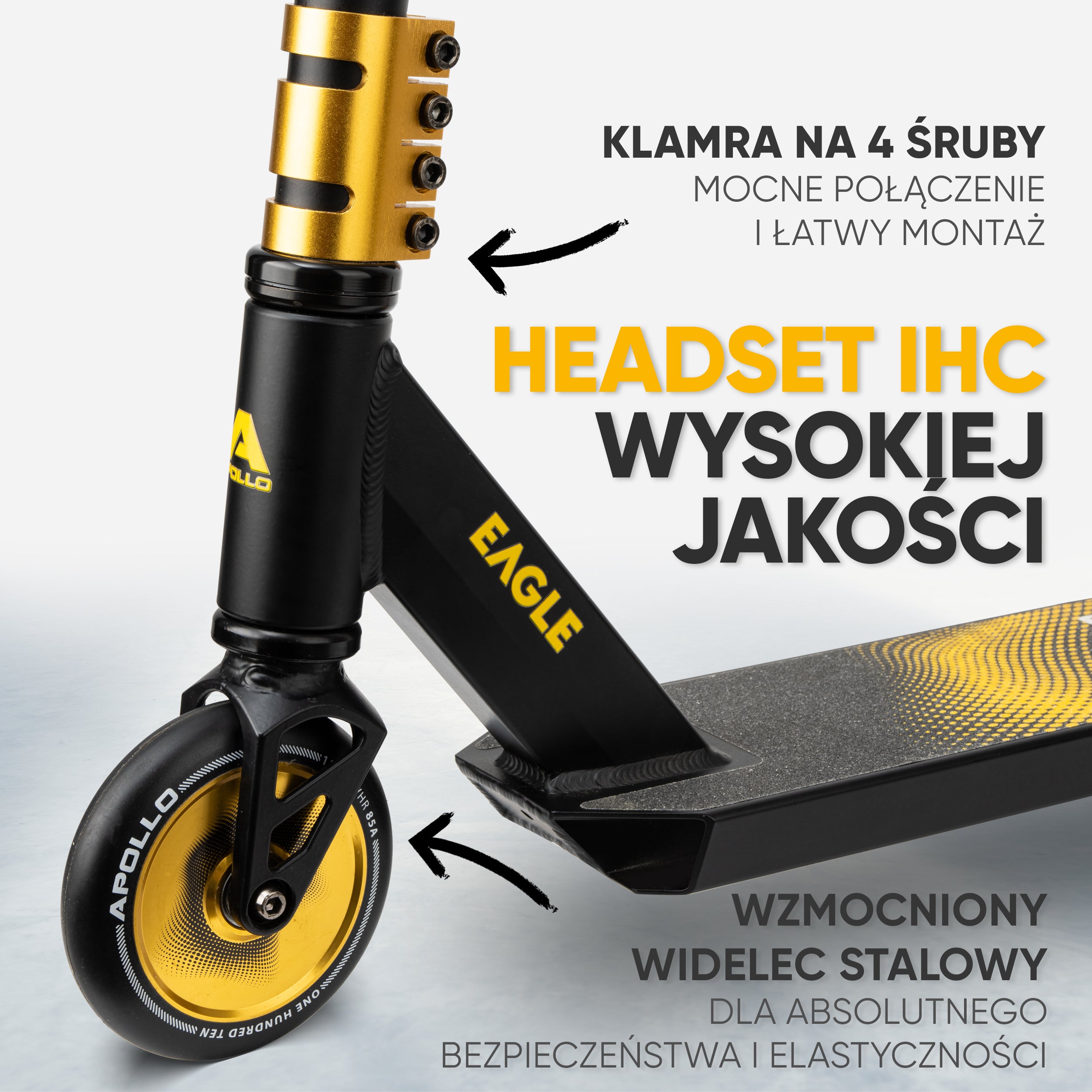 Apollo - Hulajnoga stunt „Eagle” – anodowany profesjonalny stunt roller z łożyskami ABEC 9 - Czarny Złoty
