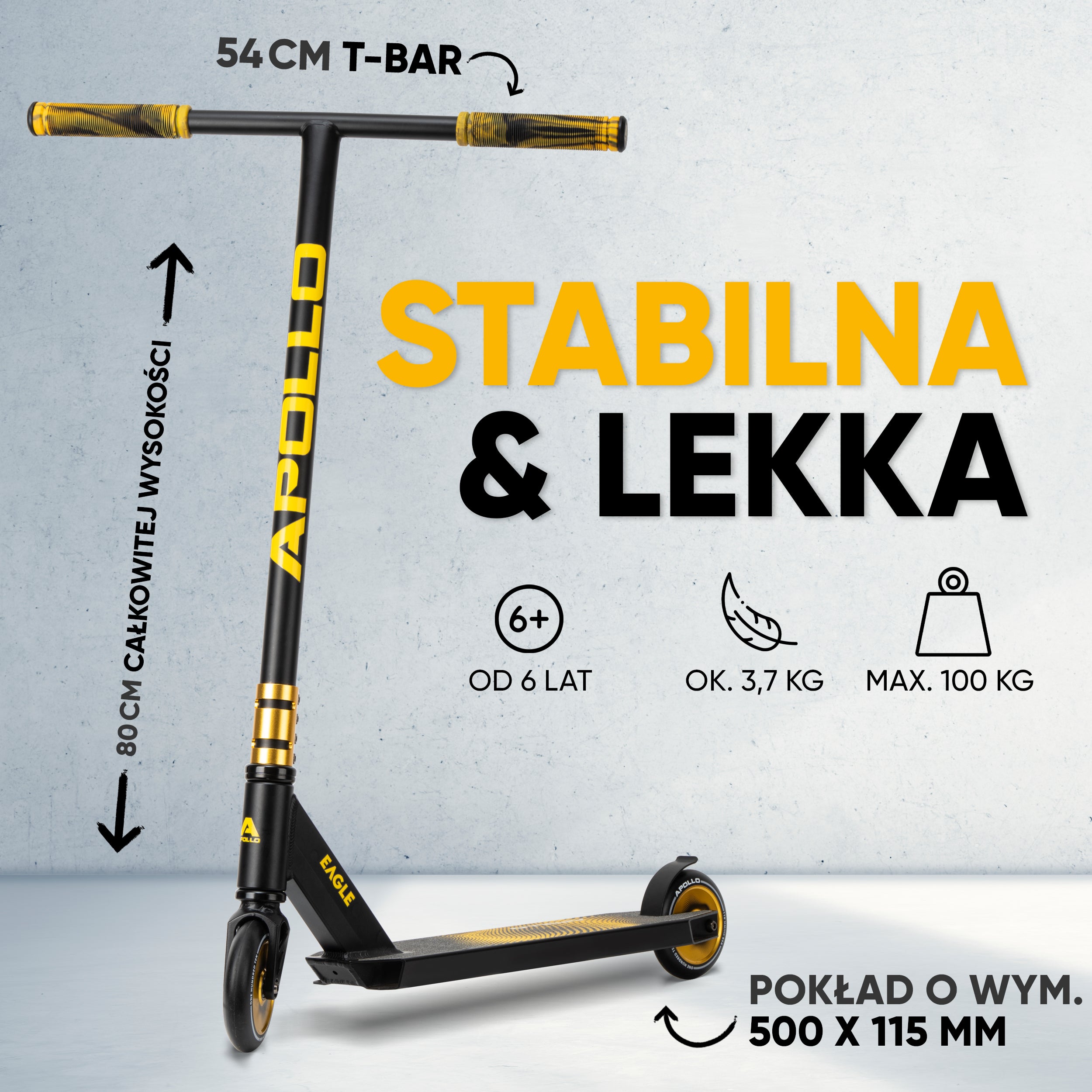 Apollo - Hulajnoga stunt „Eagle” – anodowany profesjonalny stunt roller z łożyskami ABEC 9 - Czarny Złoty