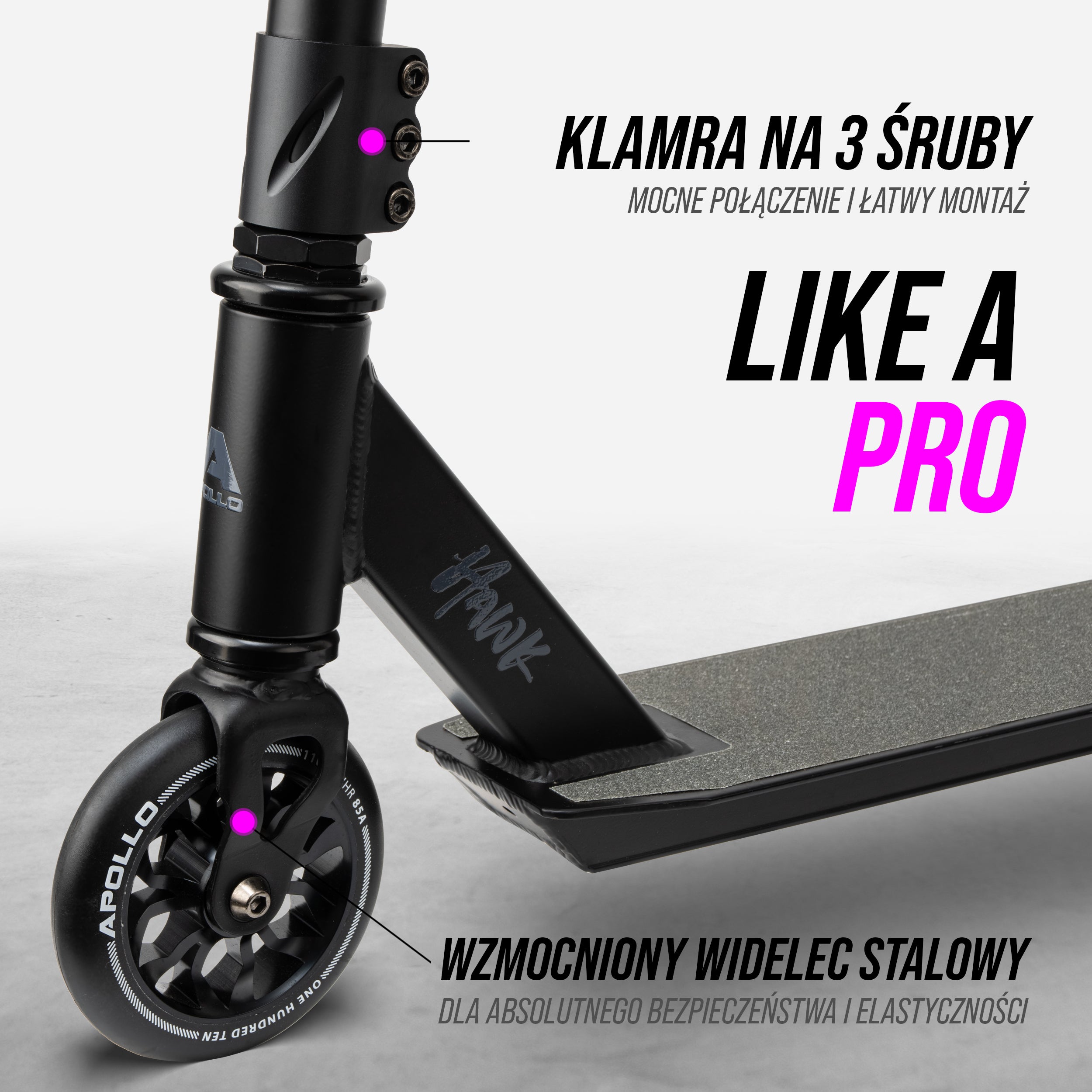 Apollo - Hulajnoga stunt „Hawk” – freestyle kickscooter dla dzieci i dorosłych - Czarny