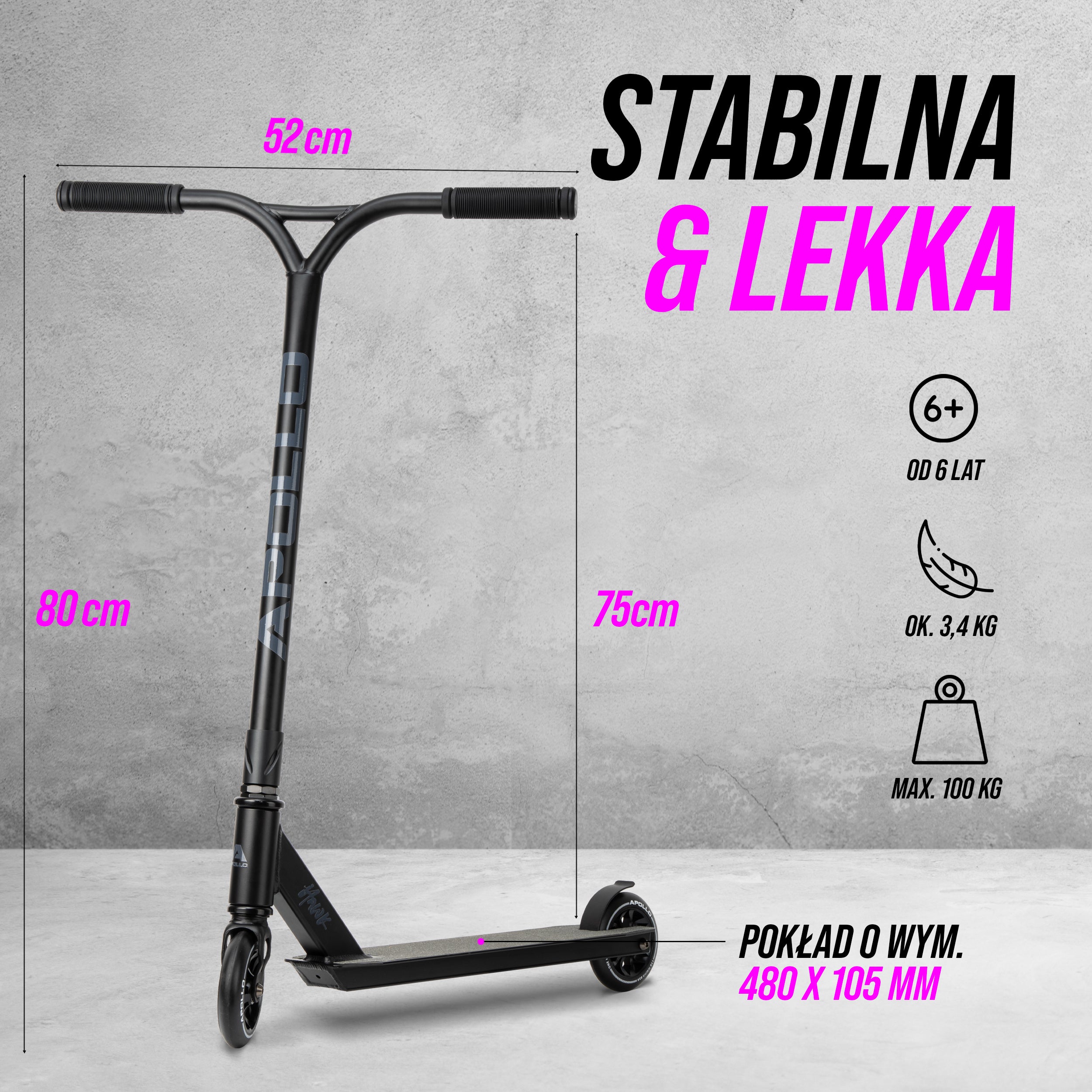 Apollo - Hulajnoga stunt „Hawk” – freestyle kickscooter dla dzieci i dorosłych - Czarny