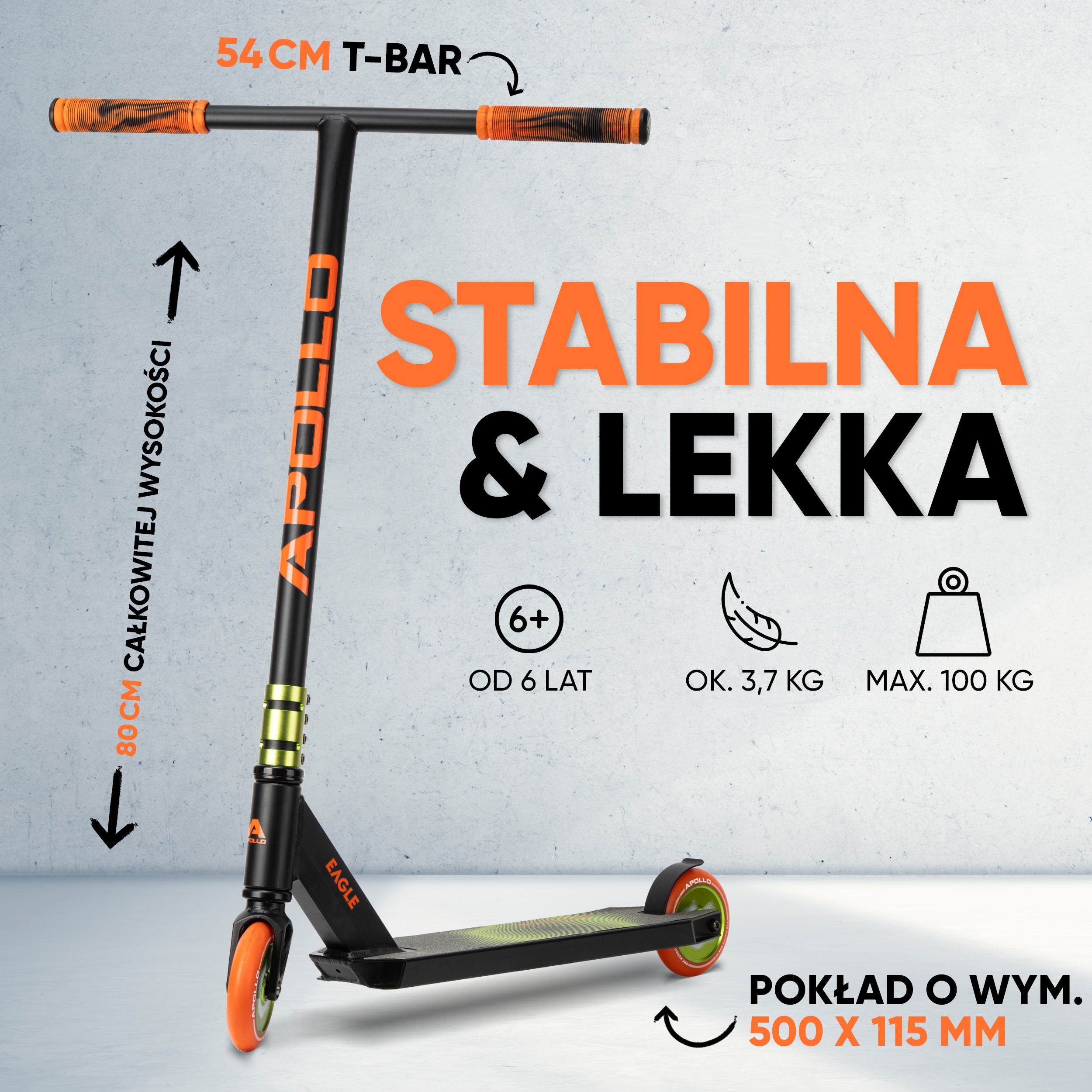 Apollo - Hulajnoga stunt „Eagle” – anodowany profesjonalny stunt roller z łożyskami ABEC 9 - Czarny Zielony Pomarańczowy