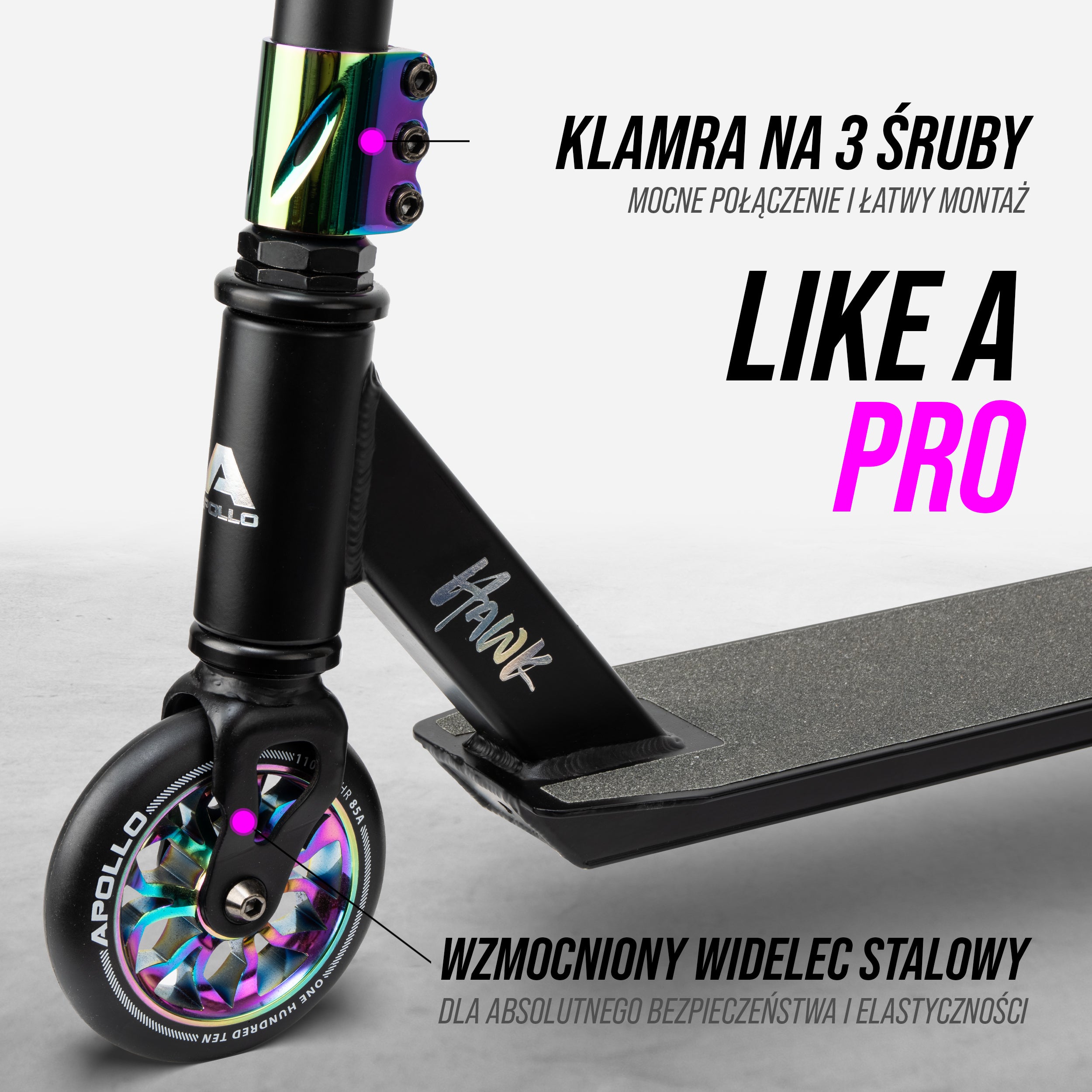 Apollo - Hulajnoga stunt „Hawk” – freestyle kickscooter dla dzieci i dorosłych - Czarny Rainbow