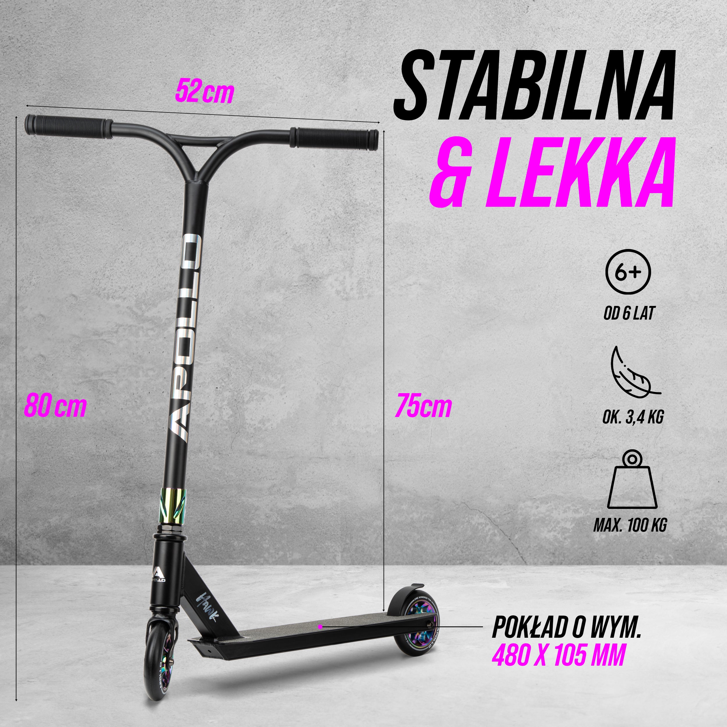 Apollo - Hulajnoga stunt „Hawk” – freestyle kickscooter dla dzieci i dorosłych - Czarny Rainbow