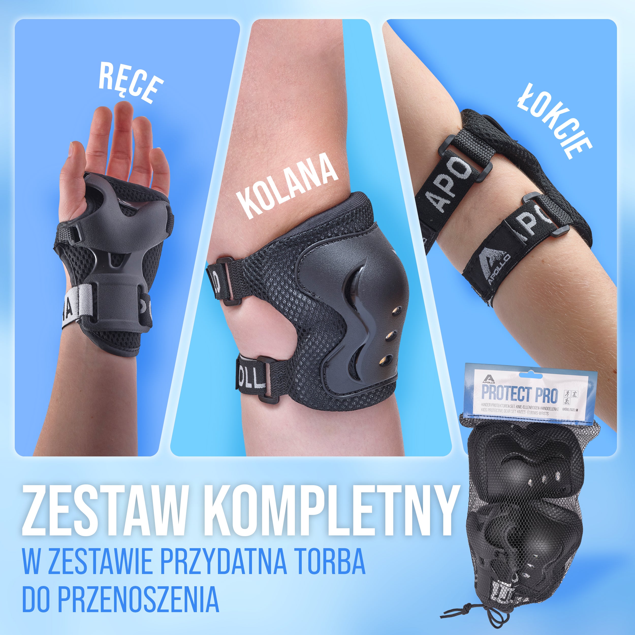 Apollo Funsport PL - Apollo zestaw ochraniaczy dla dzieci, ochraniacze na kolana i łokcie - Czarny
