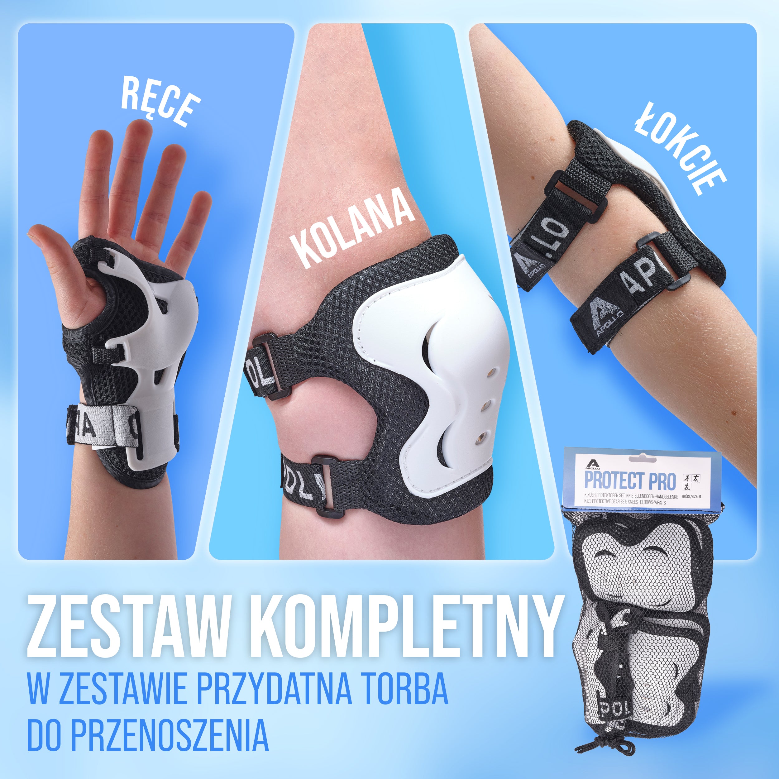 Apollo Funsport PL - Apollo zestaw ochraniaczy dla dzieci, ochraniacze na kolana i łokcie - Czarny Biały
