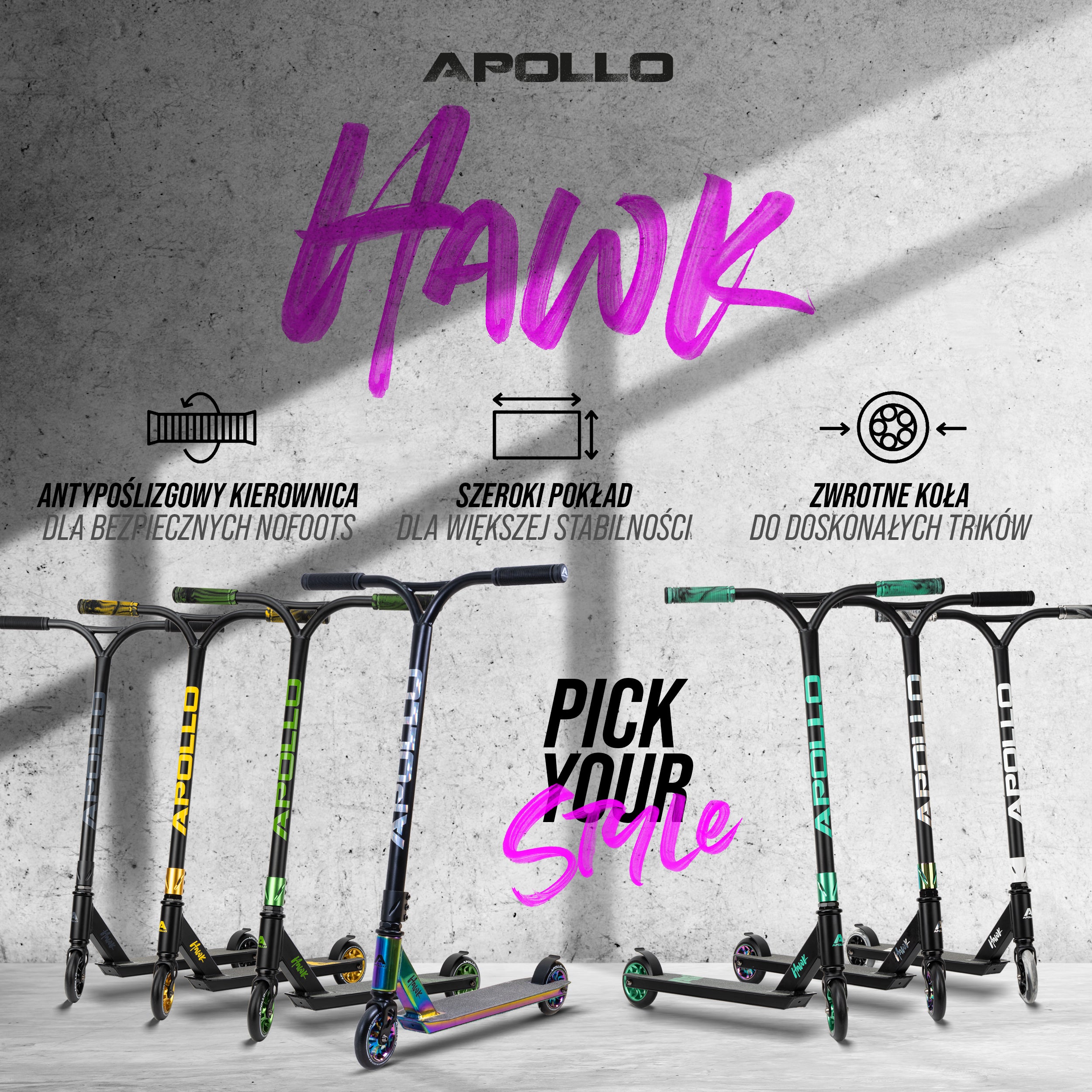 Apollo - Hulajnoga stunt „Hawk” – freestyle kickscooter dla dzieci i dorosłych - Full-Rainbow