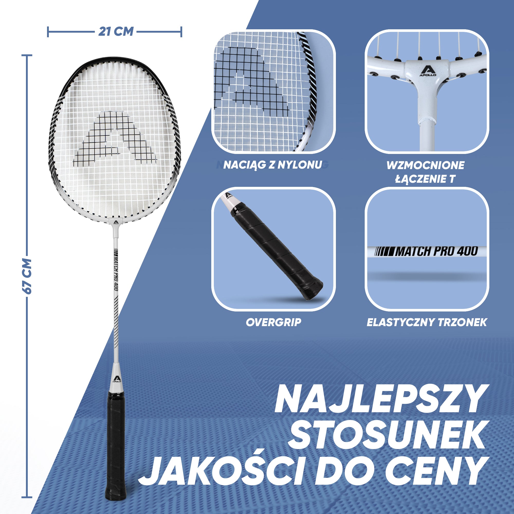 Apollo Funsport PL - Badminton Set Match Pro 400 - Rakieta do badmintona dla dzieci i dorosłych - Biały Czarny