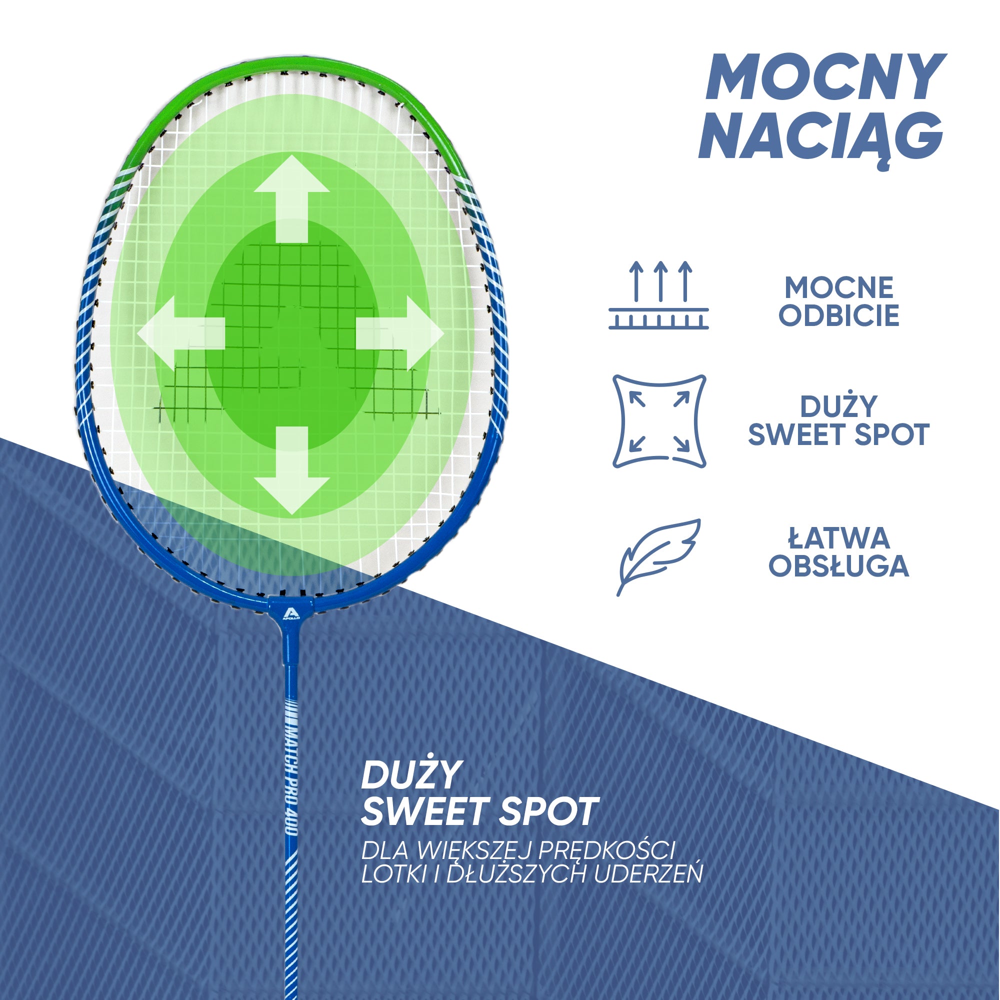 Apollo Funsport PL - Badminton Set Match Pro 400 - Rakieta do badmintona dla dzieci i dorosłych - Niebieski Zielony