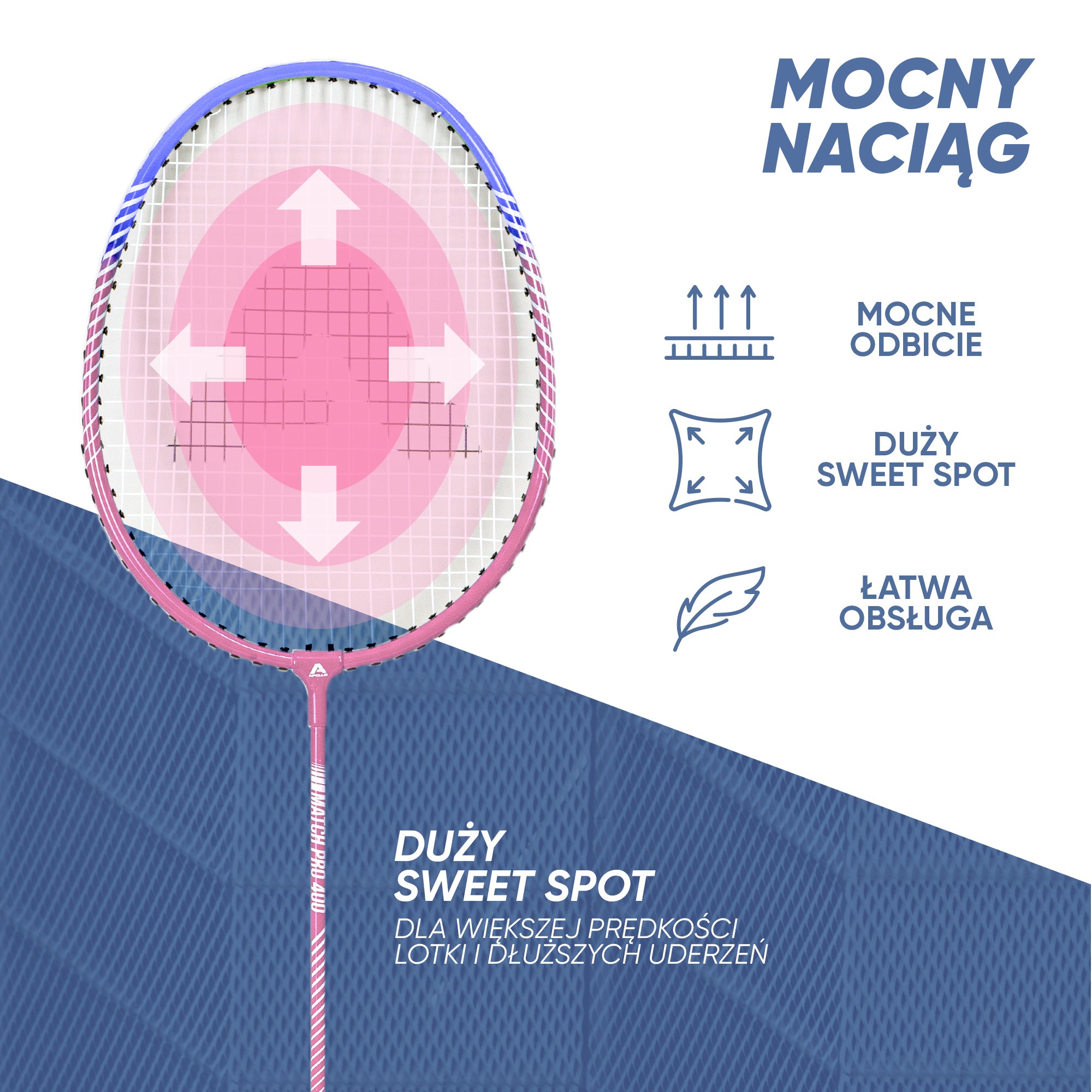 Apollo Funsport PL - Badminton Set Match Pro 400 - Rakieta do badmintona dla dzieci i dorosłych - Niebieski Różowy
