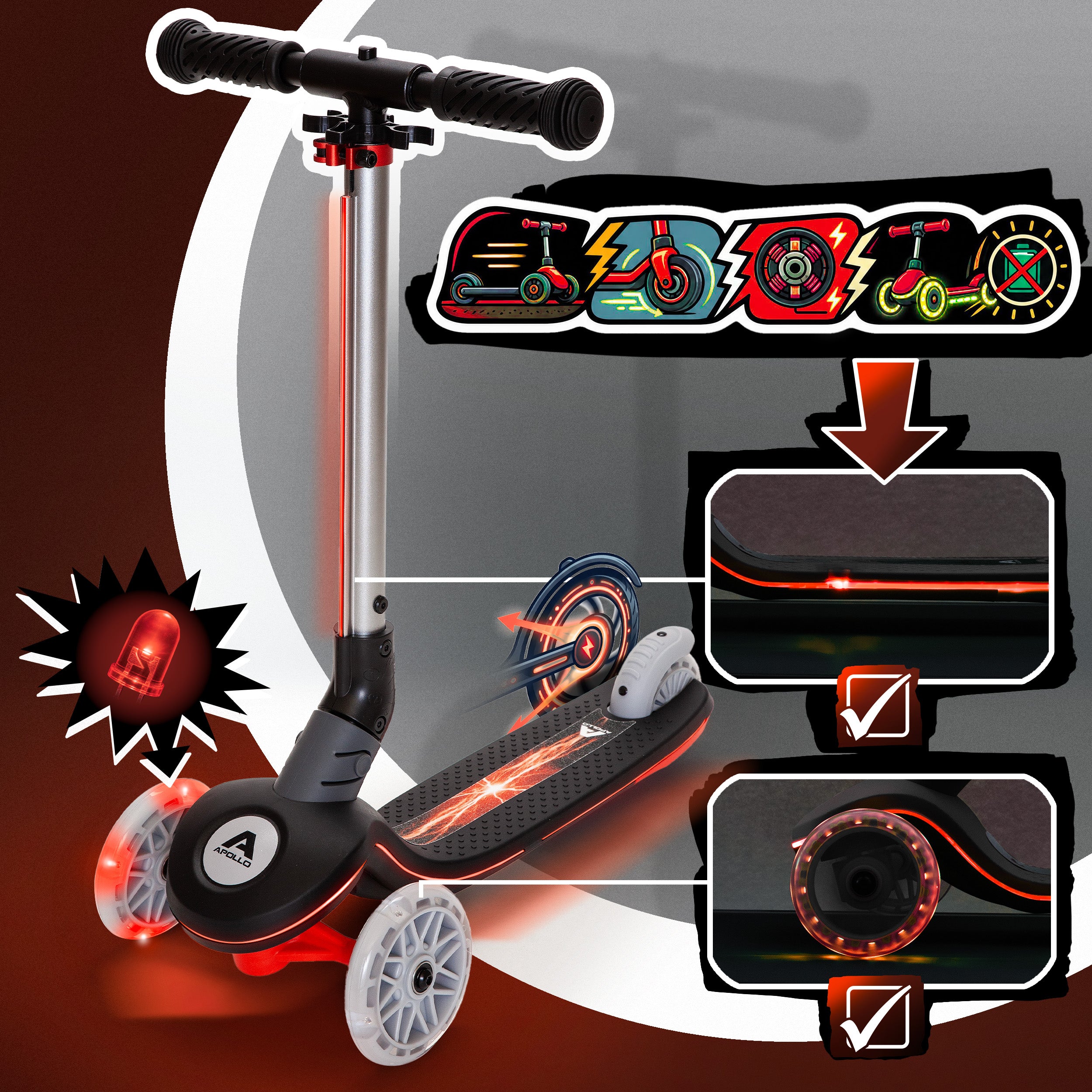 Apollo Funsport PL - Hulajnoga dziecięca Apollo Whizzie LED, składana hulajnoga dziecięca, trójkołowy skuter z regulacją wysokości dla dzieci w wieku od 3 lat, efekt LED w kołach, kierownicy i platformie - Czarny Błysk