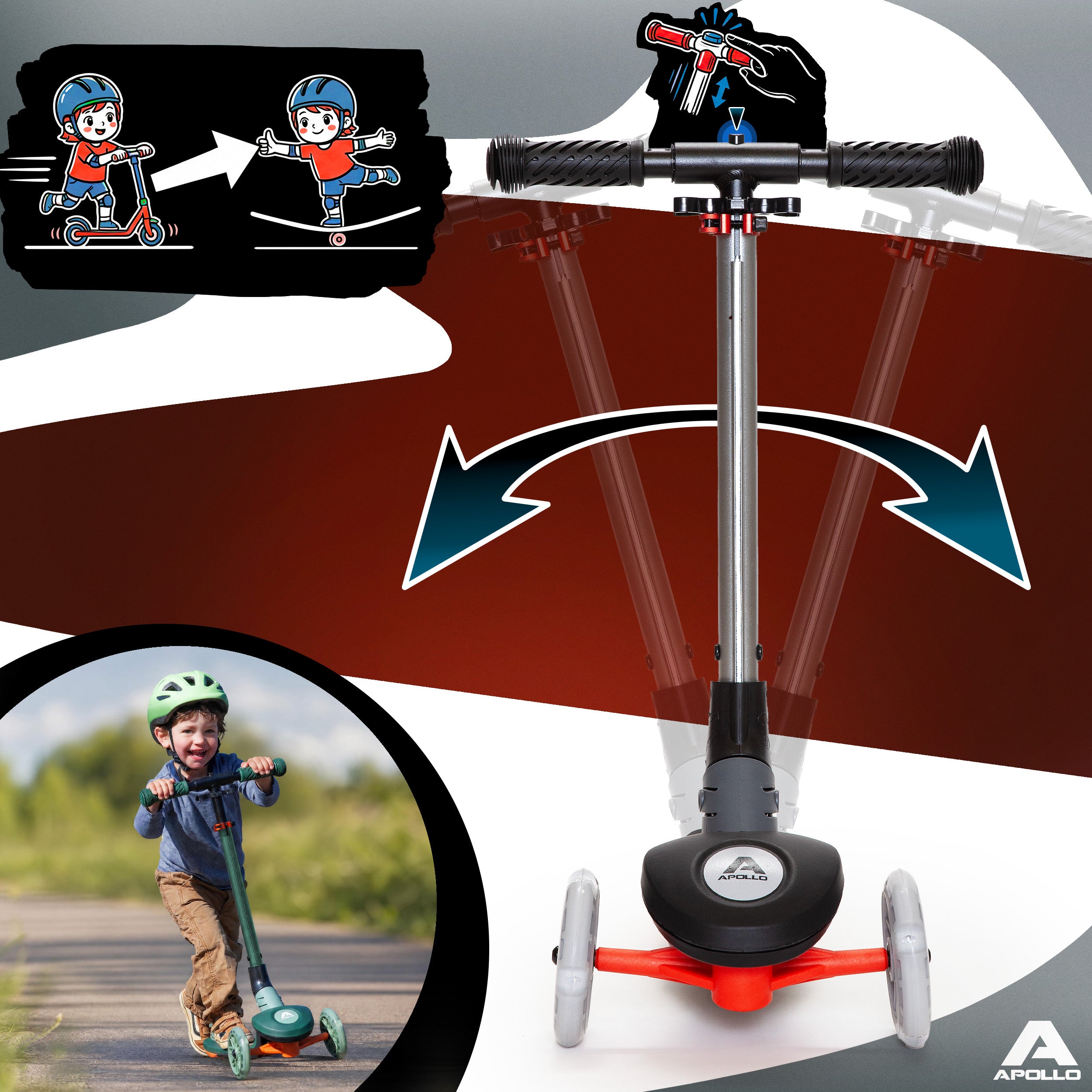 Apollo Funsport PL - Hulajnoga dziecięca Apollo Whizzie LED, składana hulajnoga dziecięca, trójkołowy skuter z regulacją wysokości dla dzieci w wieku od 3 lat, efekt LED w kołach, kierownicy i platformie - Czarny Błysk
