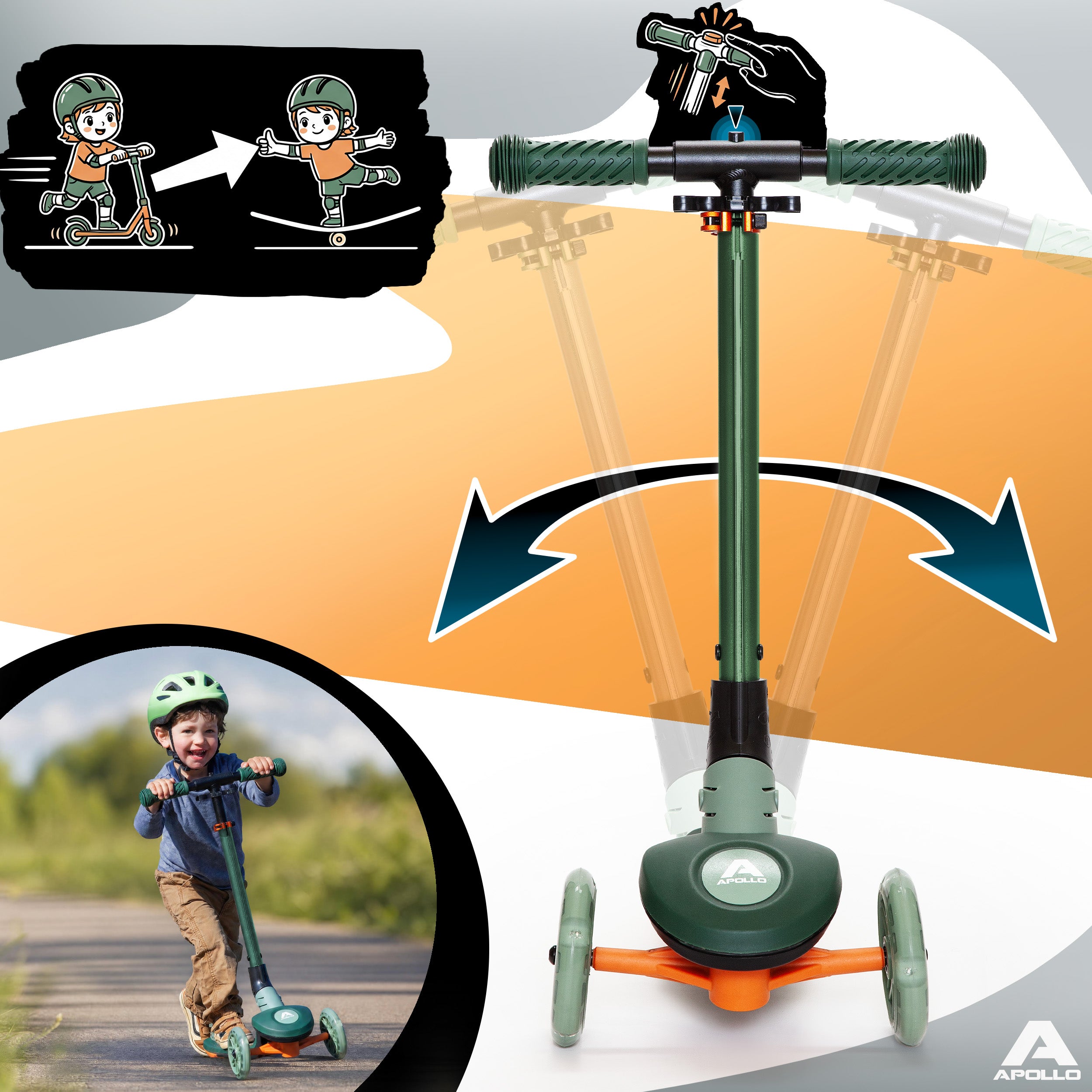 Apollo Funsport PL - Hulajnoga dziecięca Apollo Whizzie LED, składana hulajnoga dziecięca, trójkołowy skuter z regulacją wysokości dla dzieci w wieku od 3 lat, efekt LED w kołach, kierownicy i platformie - Kroko