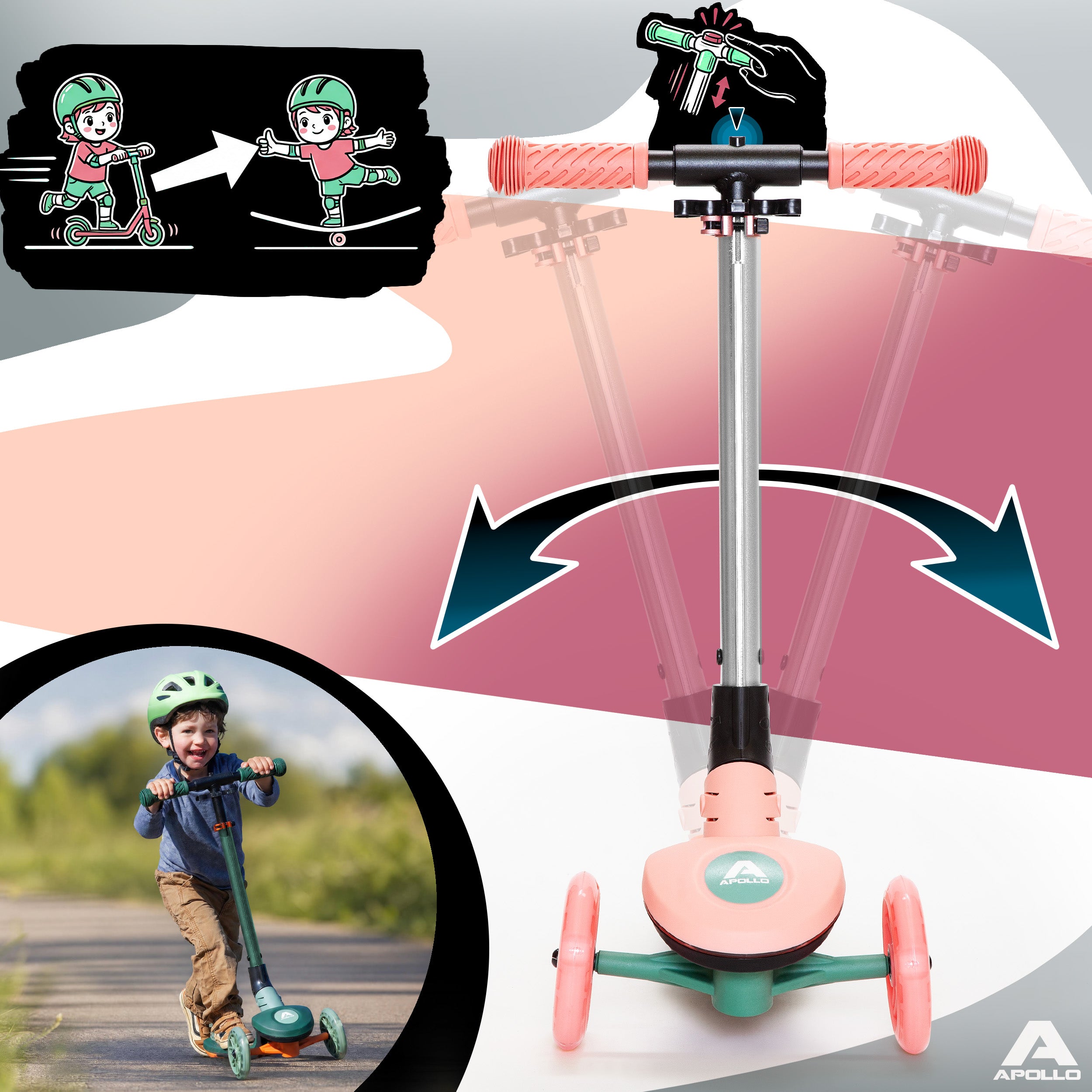 Apollo Funsport PL - Hulajnoga dziecięca Apollo Whizzie LED, składana hulajnoga dziecięca, trójkołowy skuter z regulacją wysokości dla dzieci w wieku od 3 lat, efekt LED w kołach, kierownicy i platformie - Flamingo