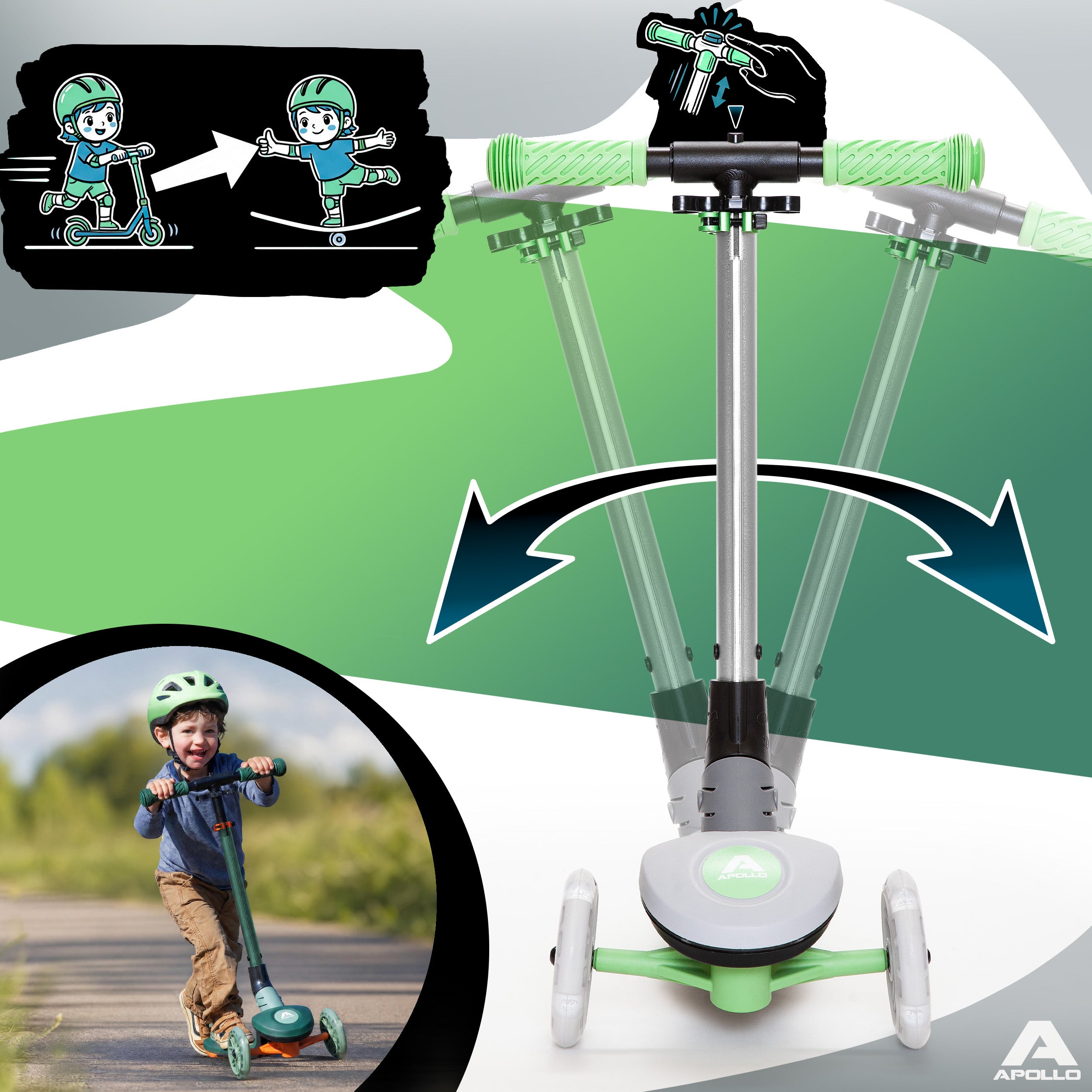 Apollo Funsport PL - Hulajnoga dziecięca Apollo Whizzie LED, składana hulajnoga dziecięca, trójkołowy skuter z regulacją wysokości dla dzieci w wieku od 3 lat, efekt LED w kołach, kierownicy i platformie - Kot