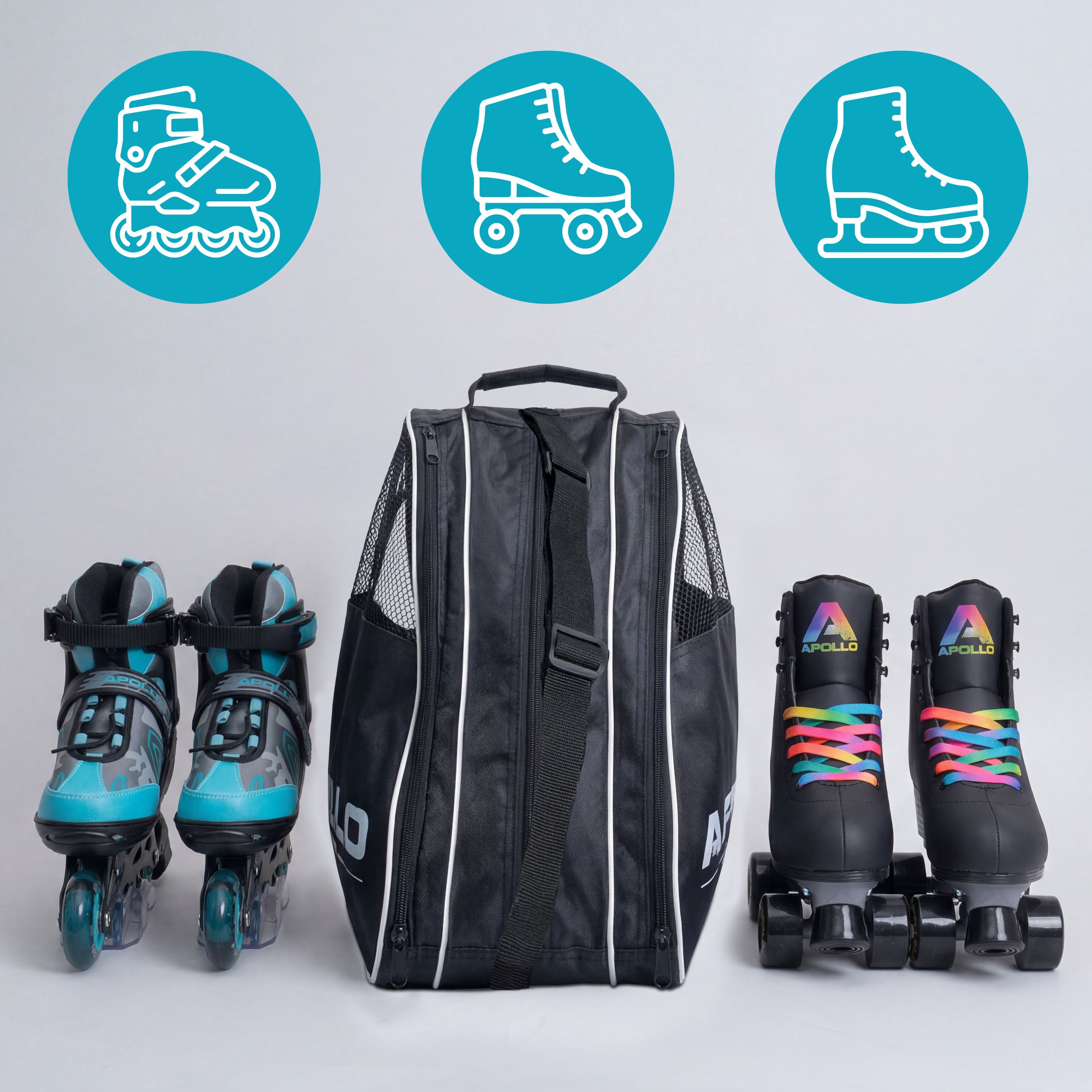 Apollo Funsport PL - Praktyczna torba na łyżwy i rolki, elegancka torba transportowa na skates & rolki wraz z akcesoriami - Czarny