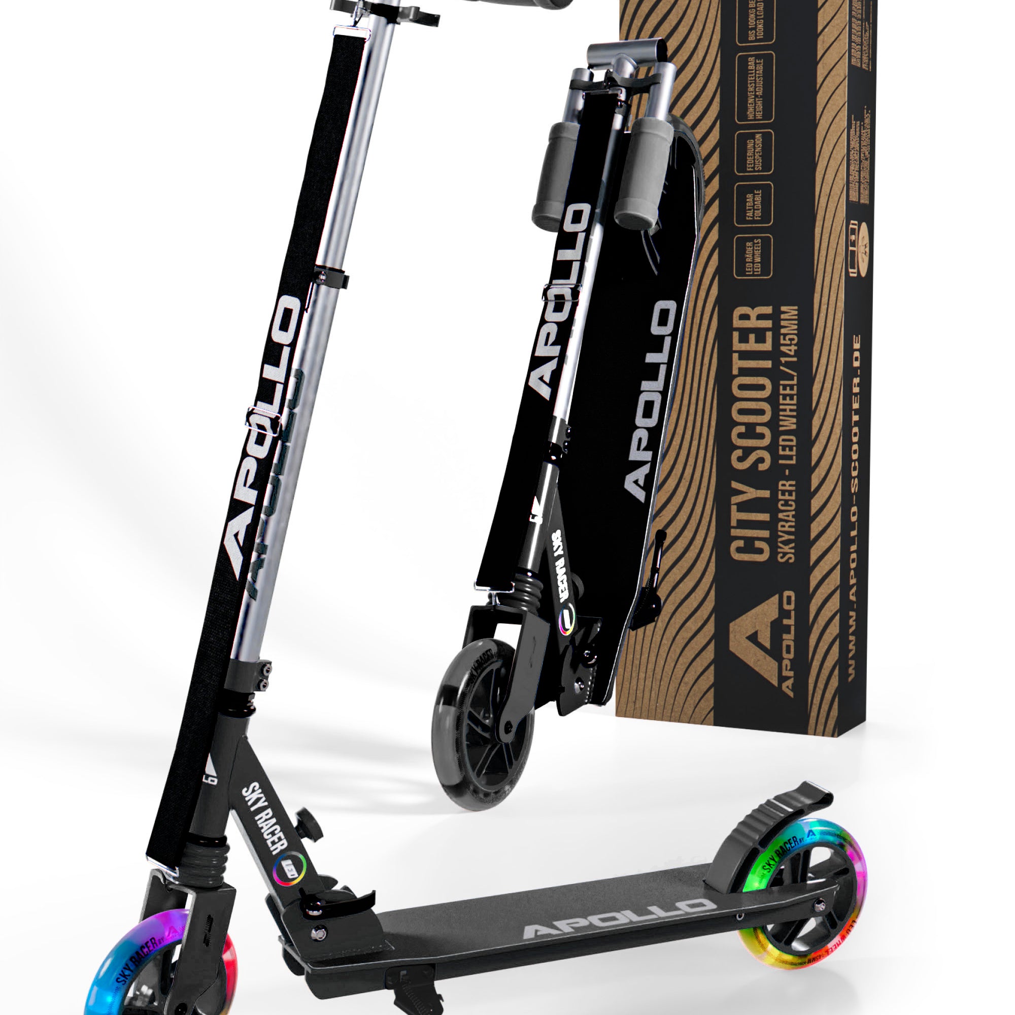 Apollo - Hulajnoga miejska z amortyzacją „Skyracer” składana, z regulowaną wysokością kierownicy koła 145mm - Czarny
